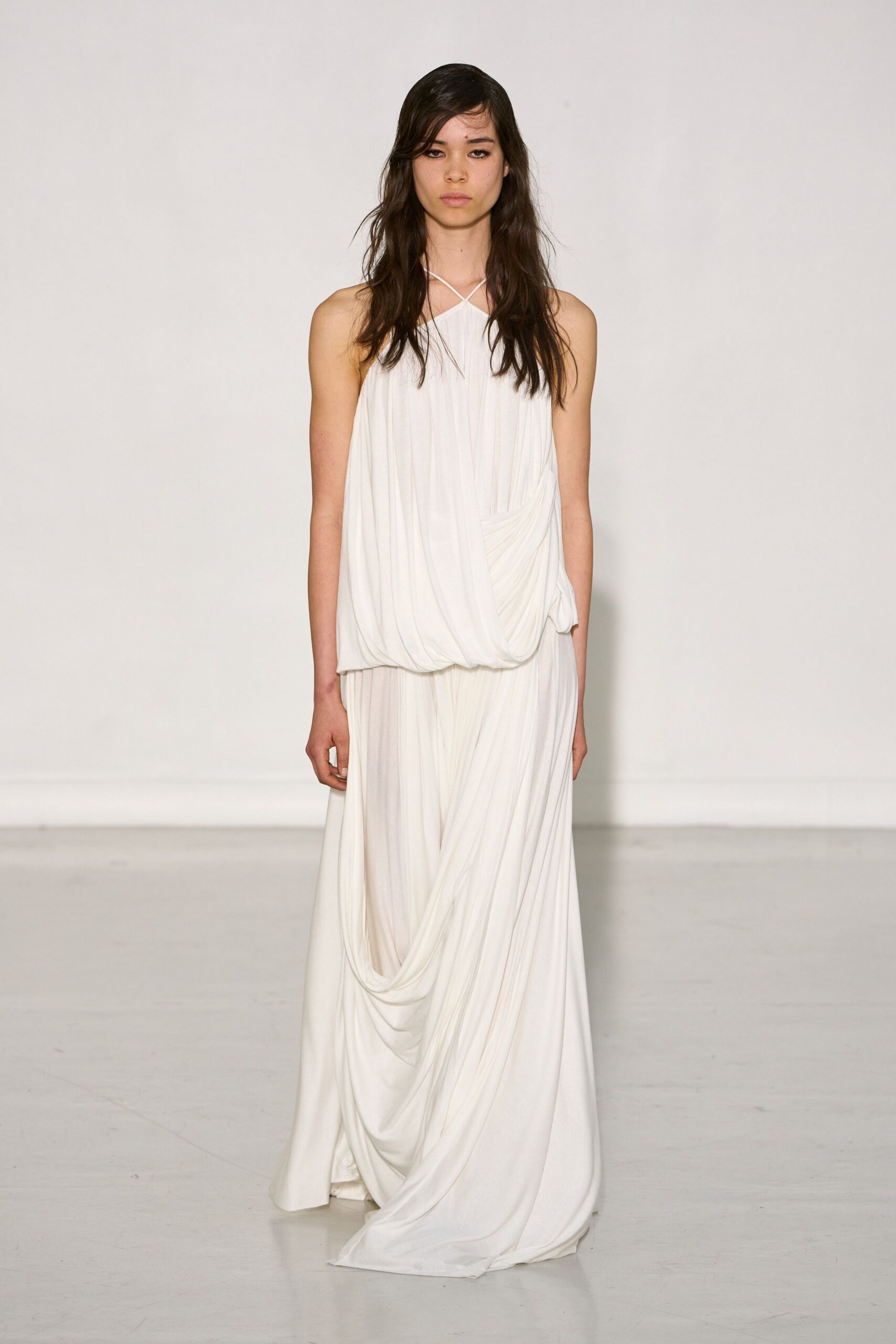 white silk sleeveless gown