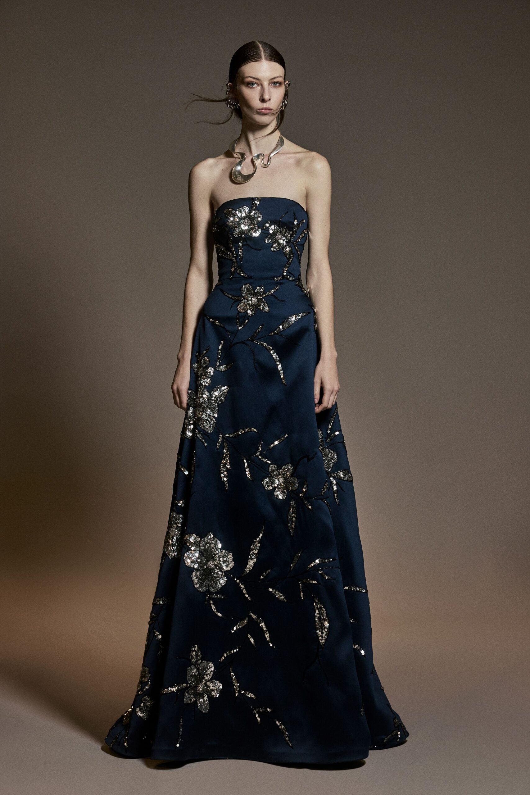 blue silk strapless gown