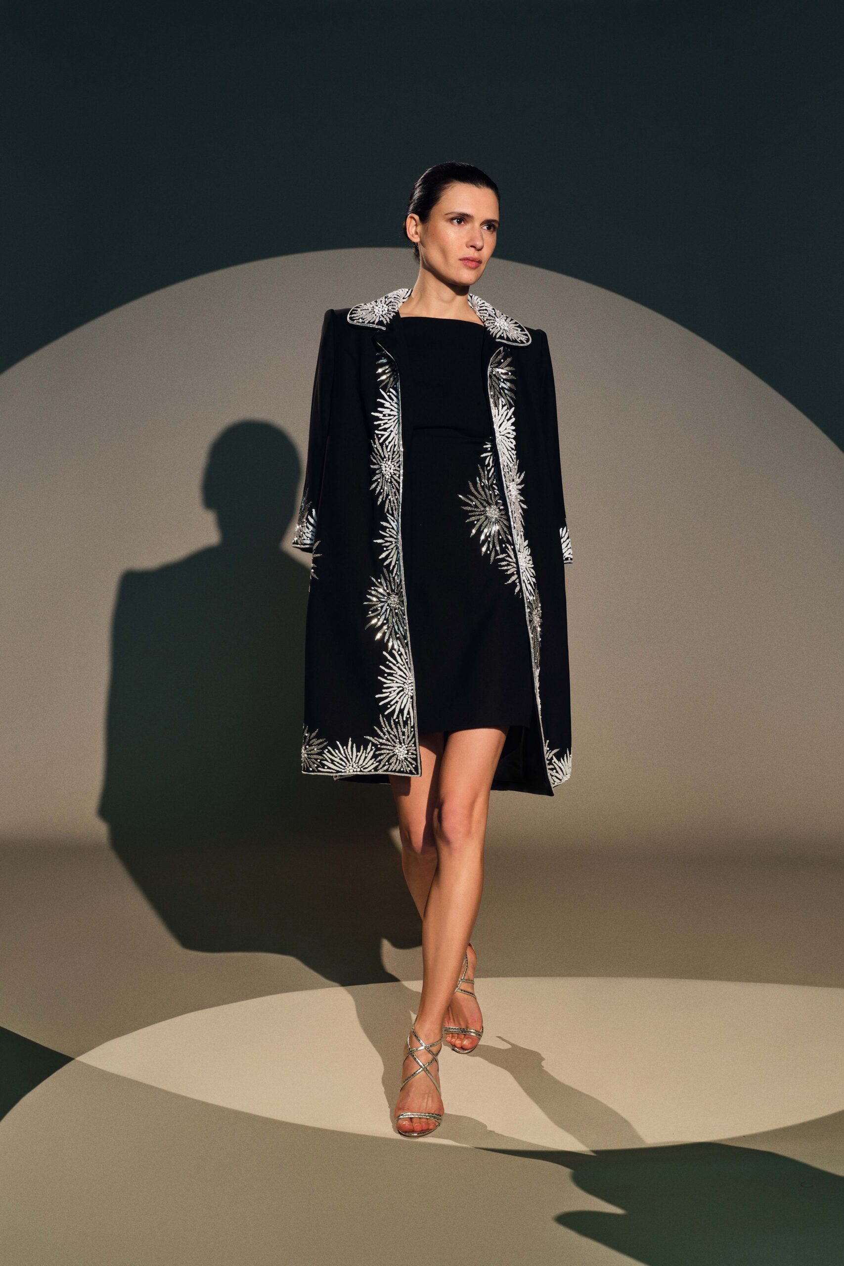 black embroidered mini dress with coat