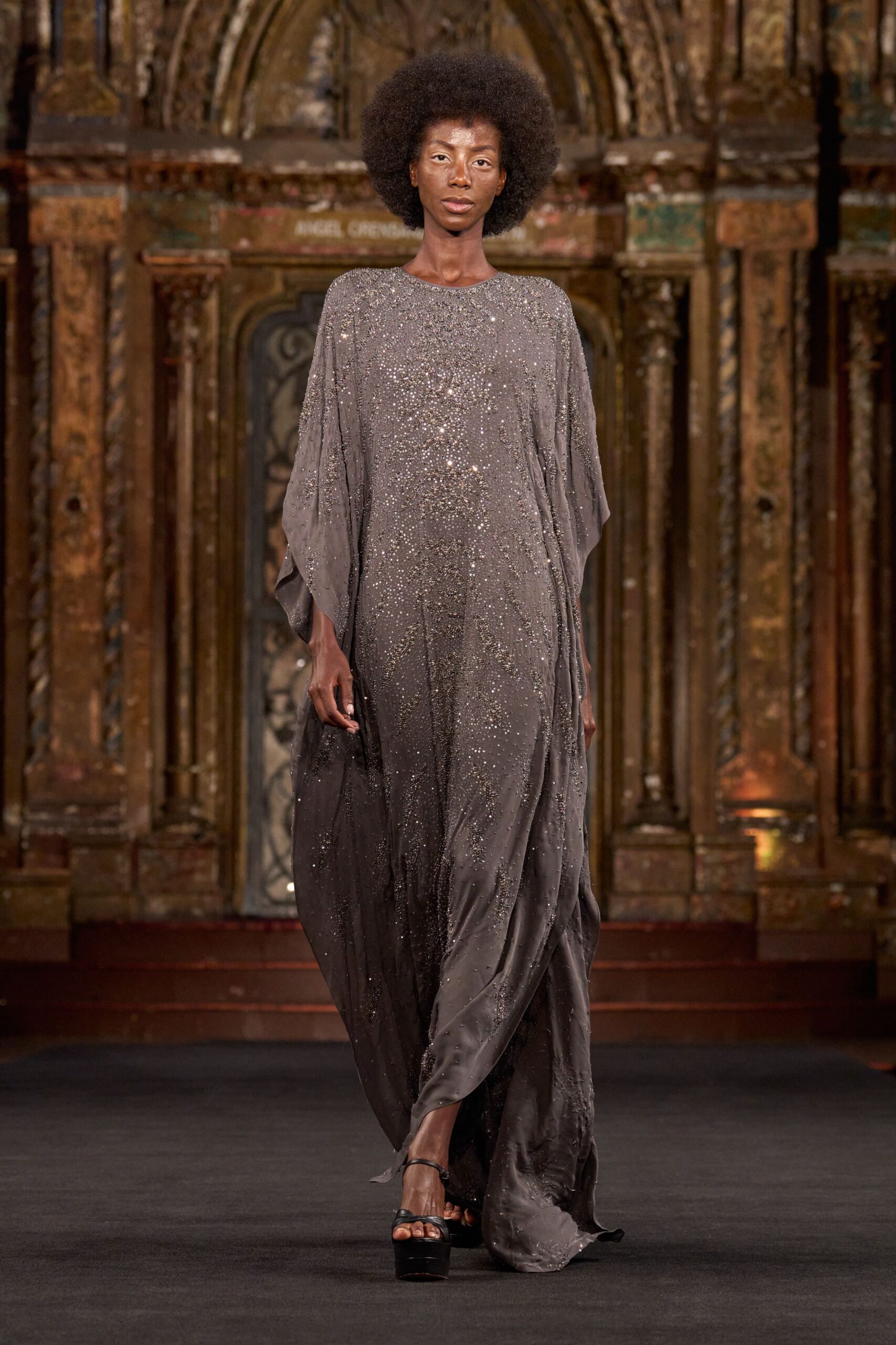 gray silk sleeveless relaxed draped embellished shiny gown