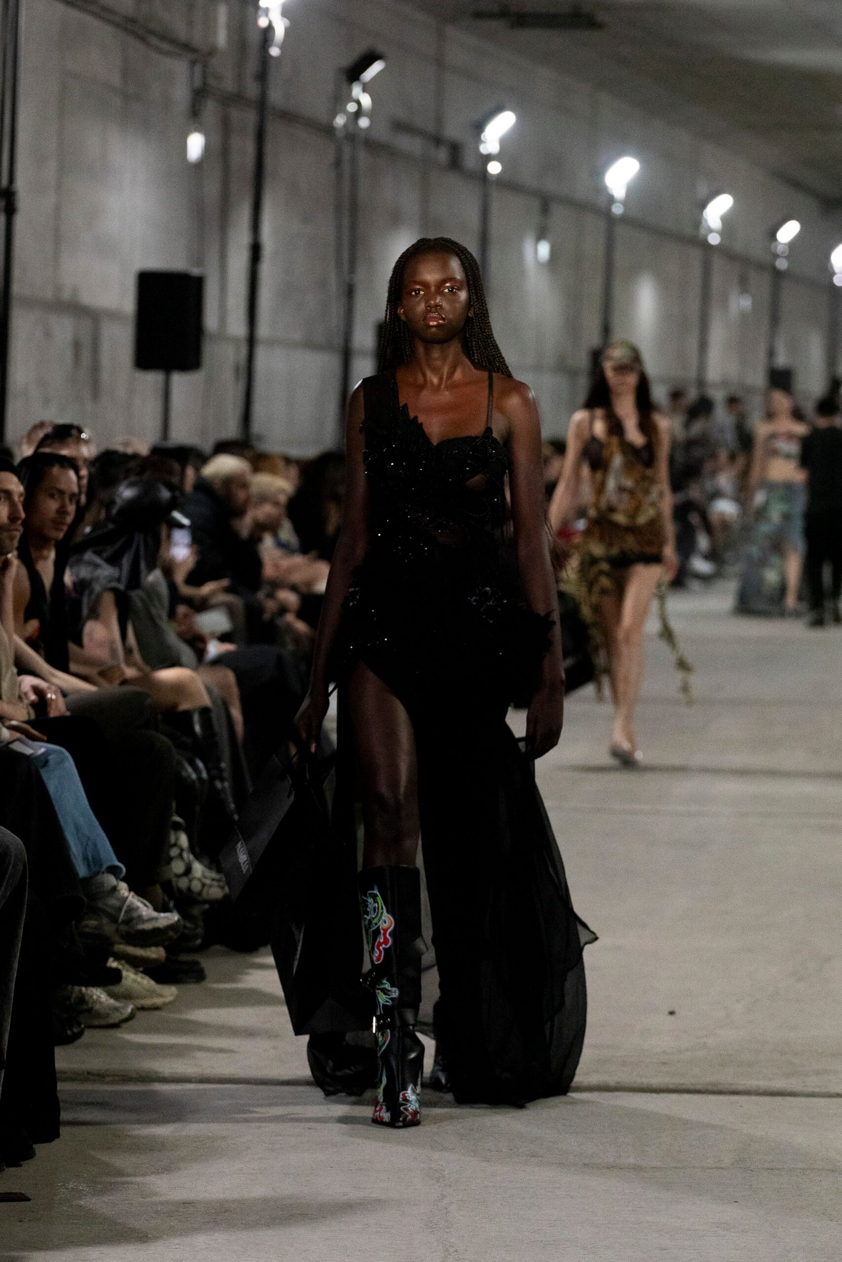 black sheer sequined gown with boots
