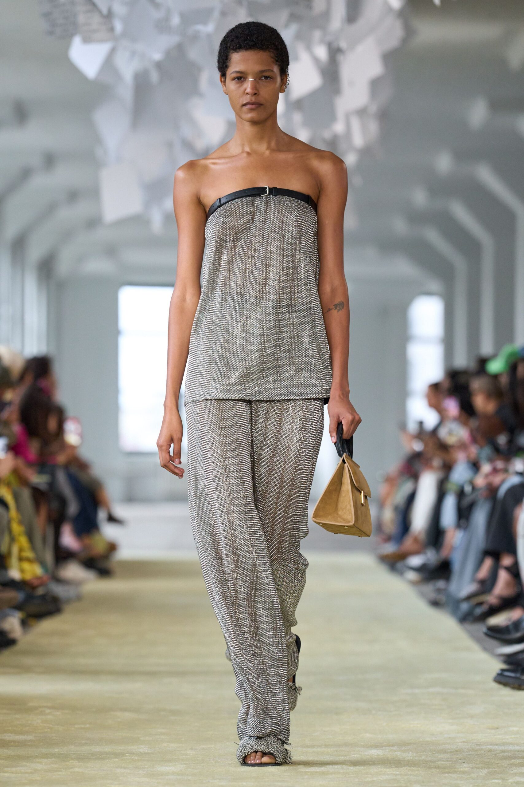 gray metallic sleeveless strapless fitted textured shiny top
