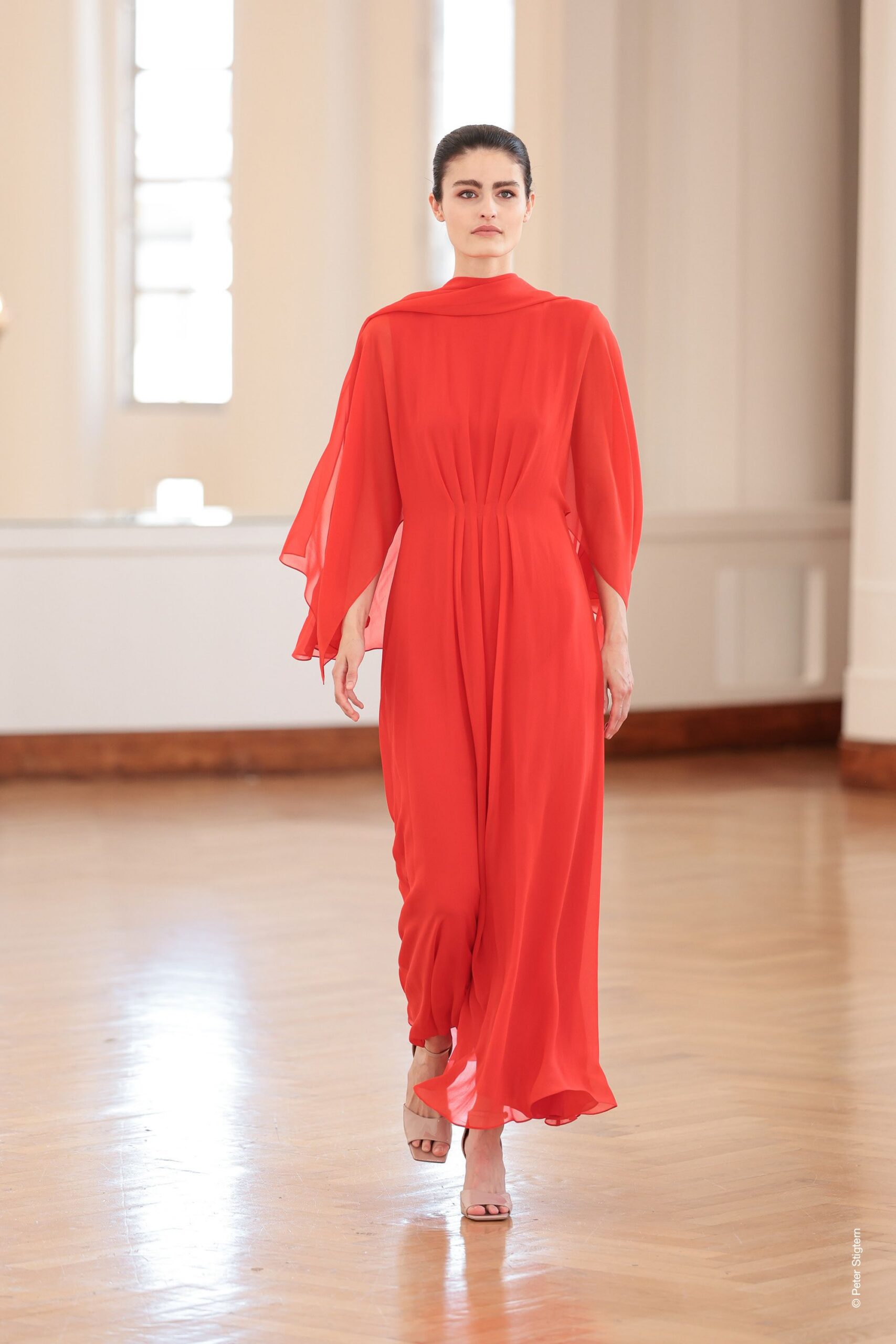 red chiffon long-sleeve high-neck relaxed draped flowing gown