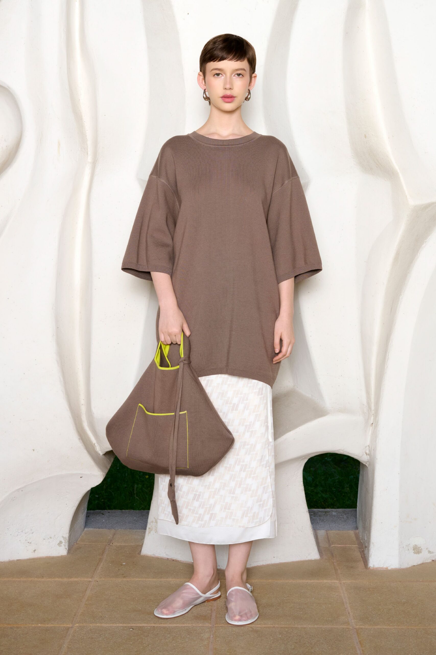 brown relaxed top with midi skirt