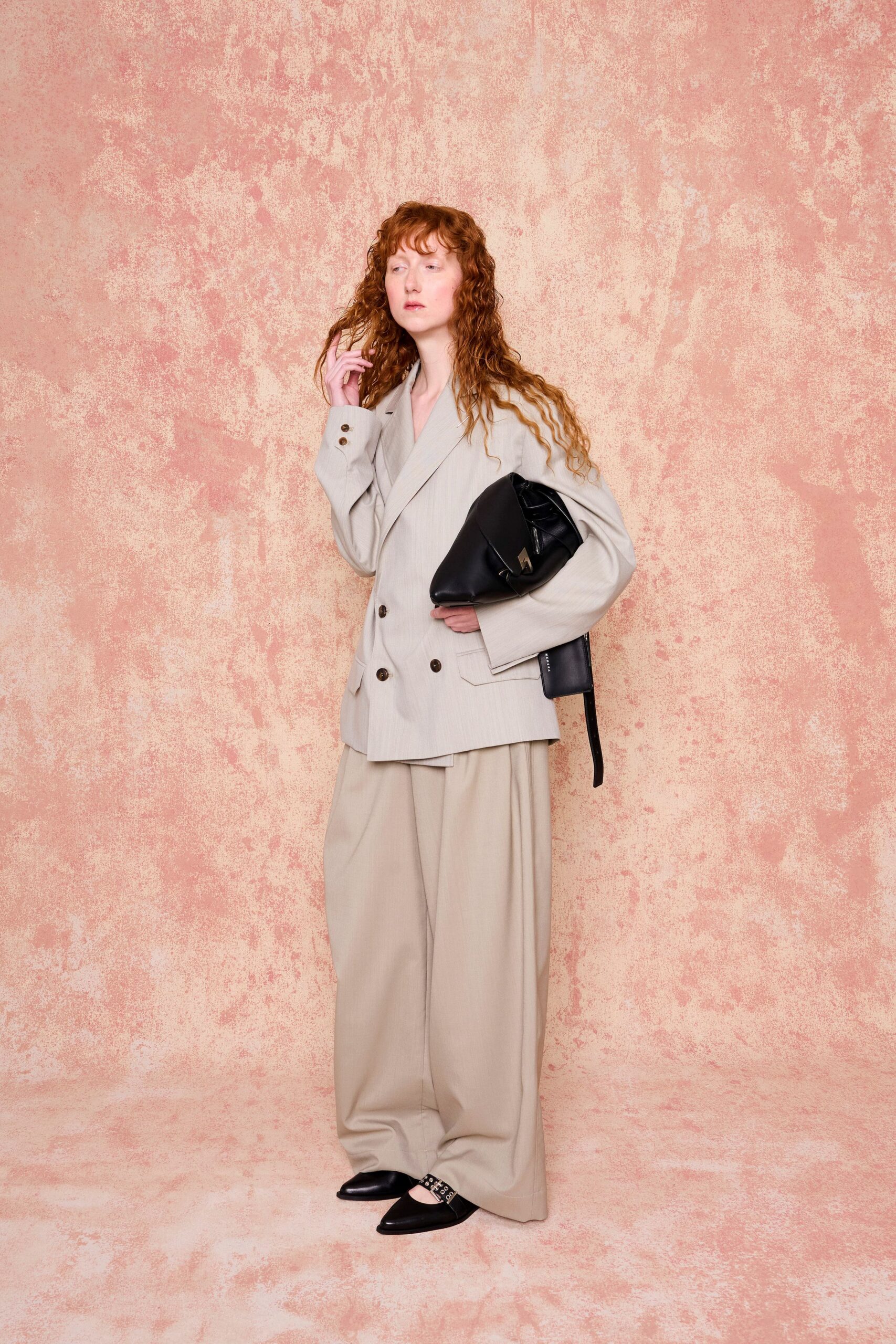 beige relaxed blazer with wide-leg pants