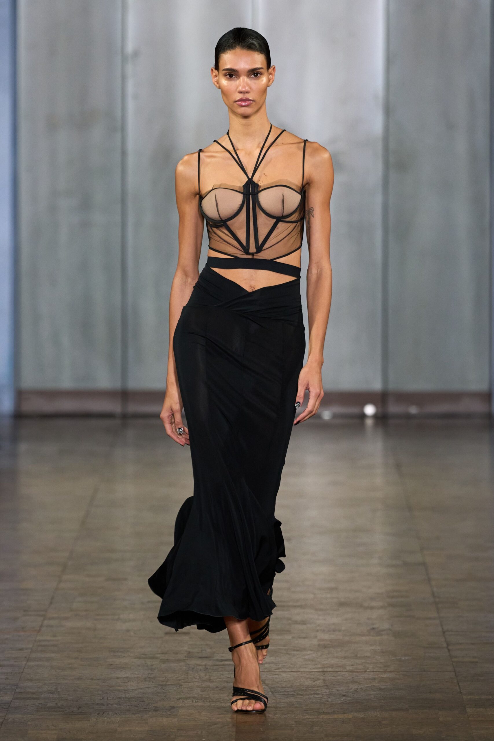 black silk fitted high-waisted draped flowing maxi skirt
