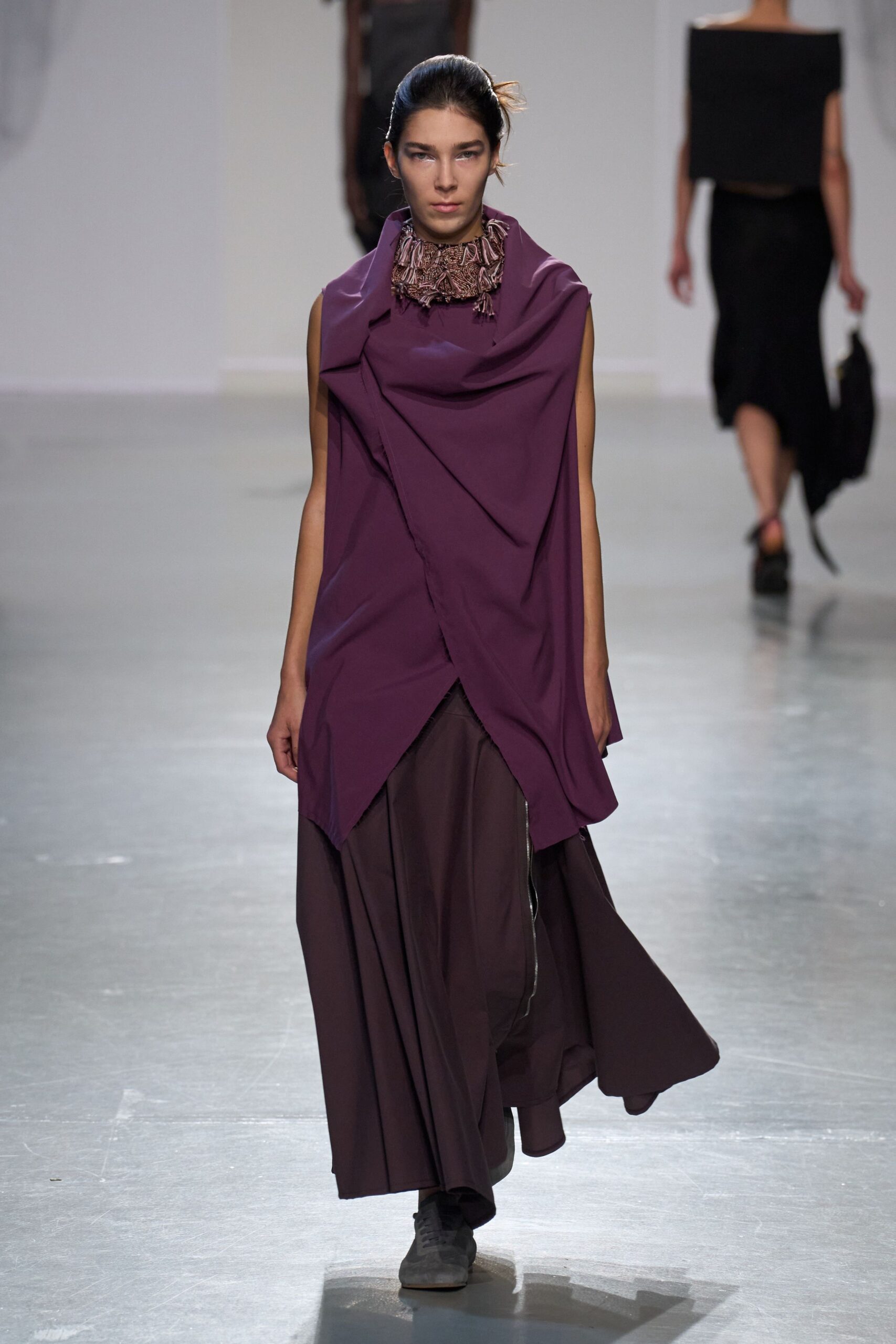 purple cotton sleeveless asymmetric relaxed draped maxi dress