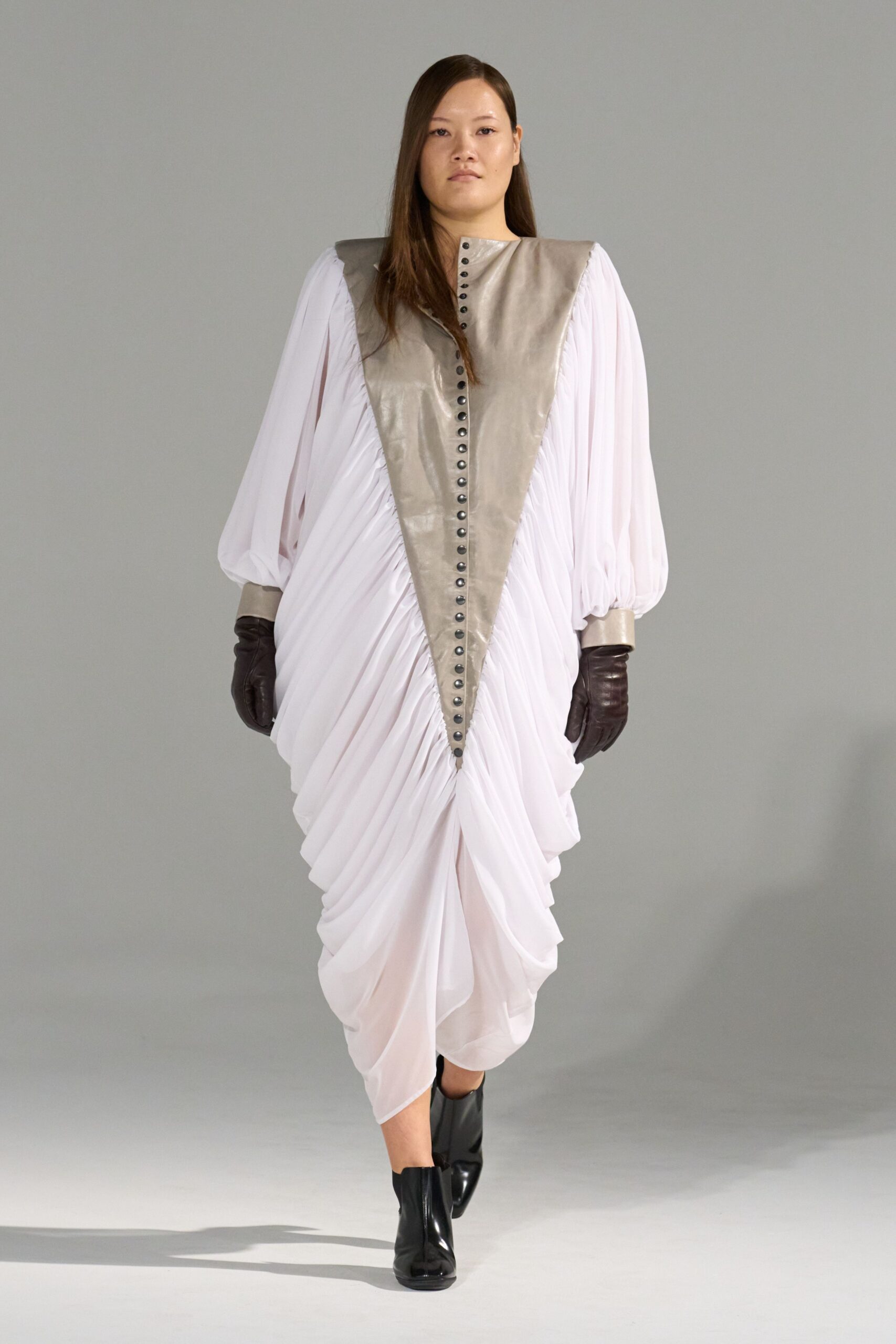 white silk long-sleeve collared fitted draped buttoned dress