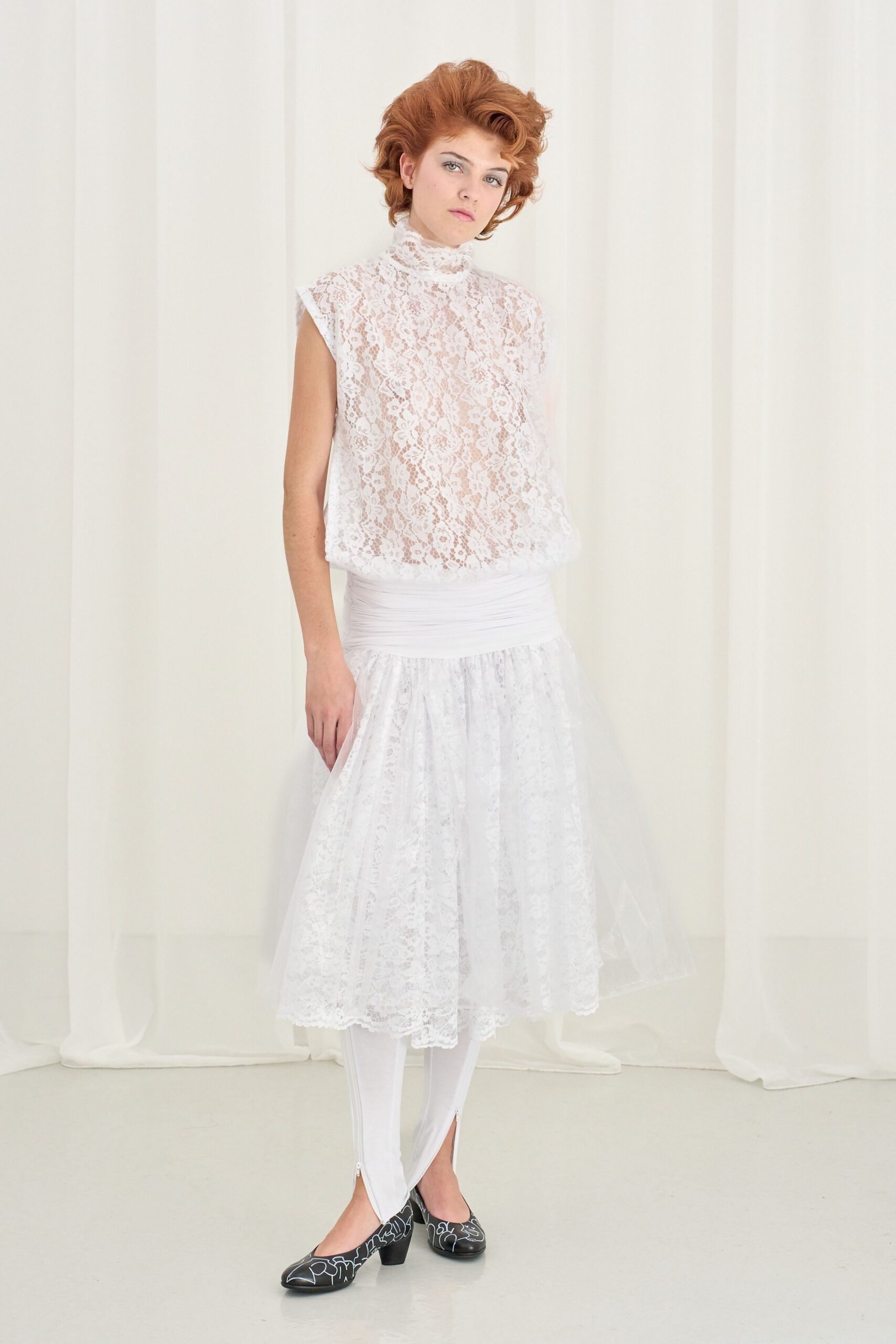 white lace sleeveless high-neck fitted layered pleated top