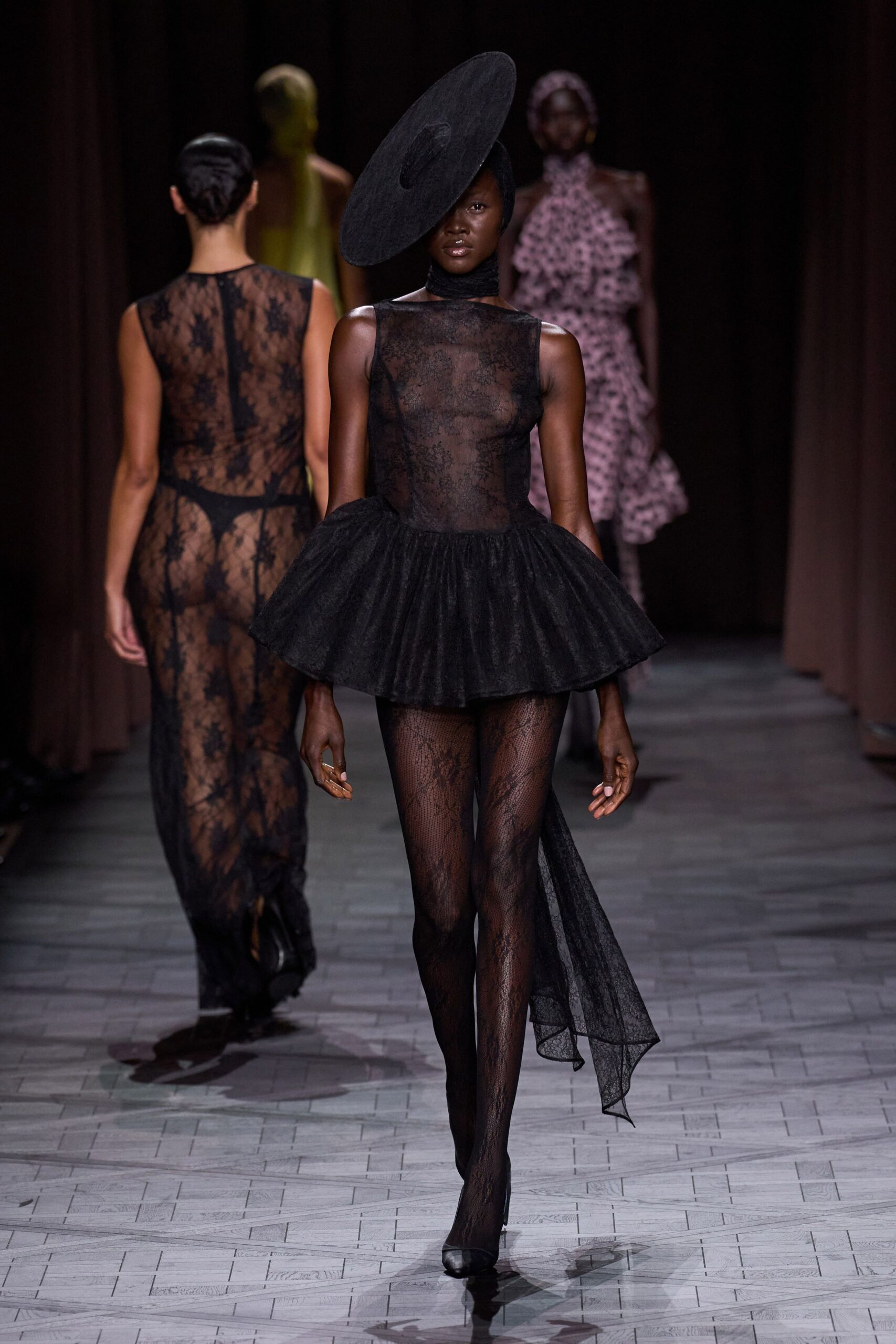 black lace sleeveless high-neck fitted pleated layered dress
