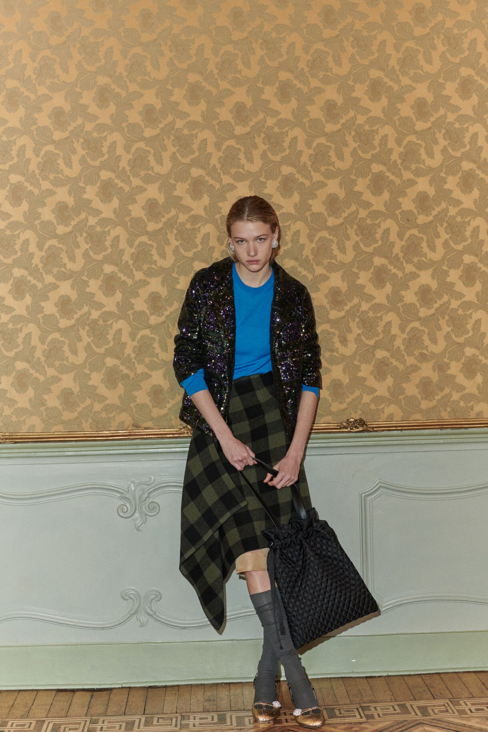 green wool asymmetric relaxed checked skirt