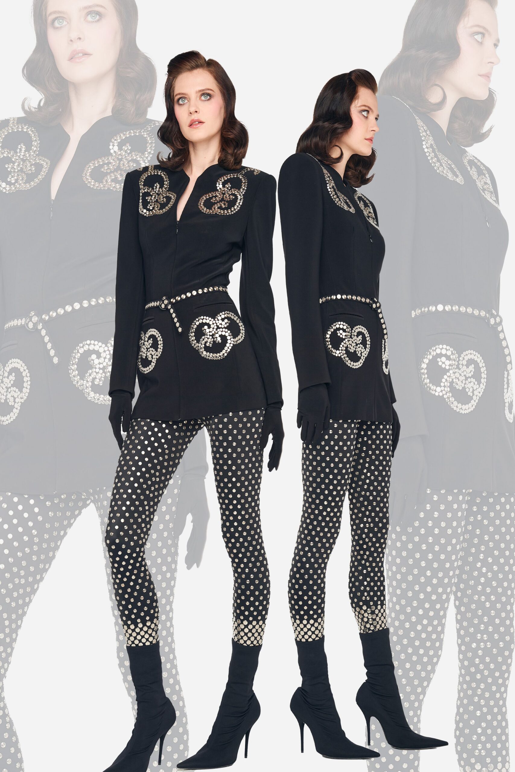 black fitted jacket with polka-dot leggings