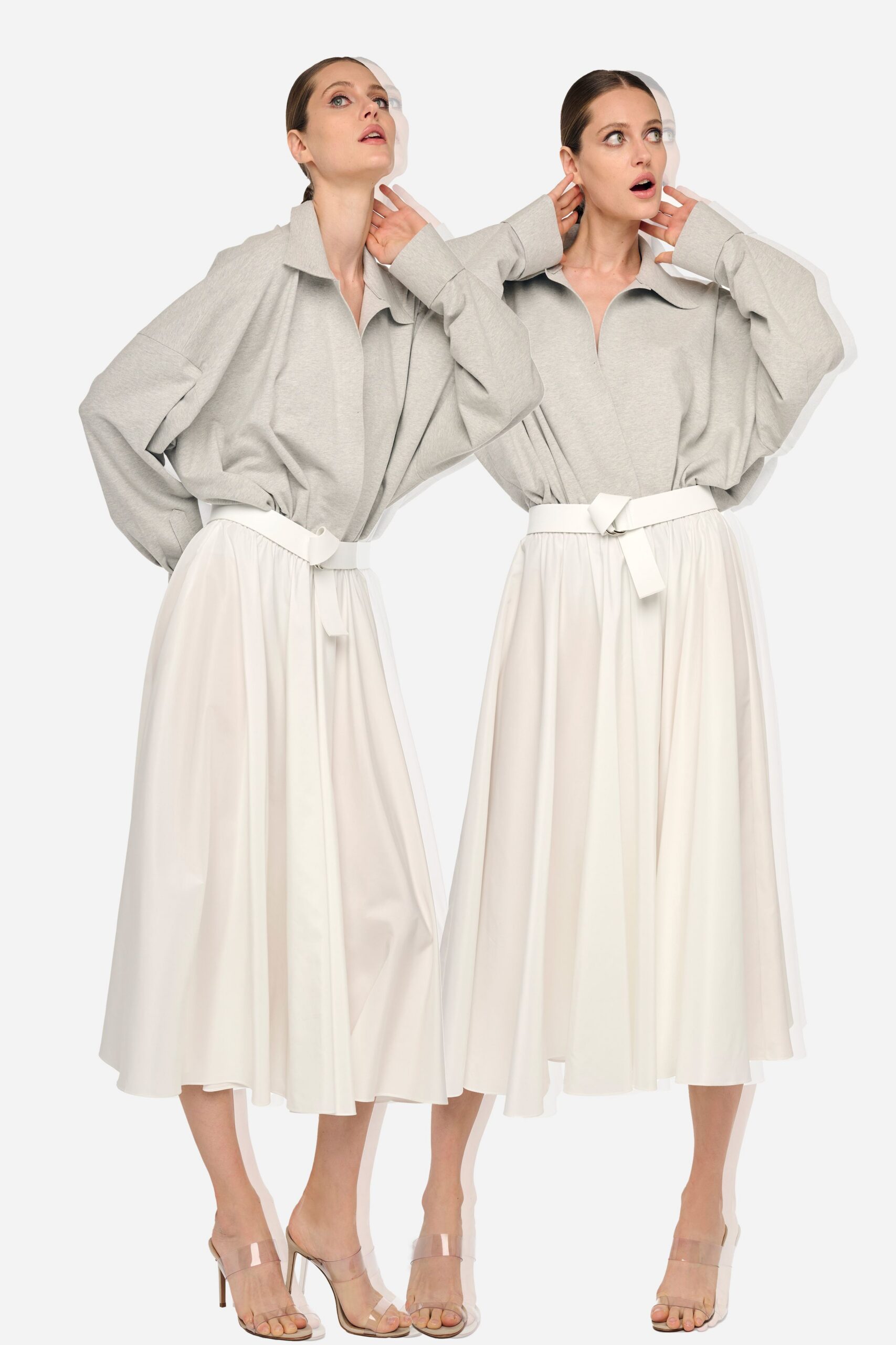 gray oversized shirt white pleated skirt