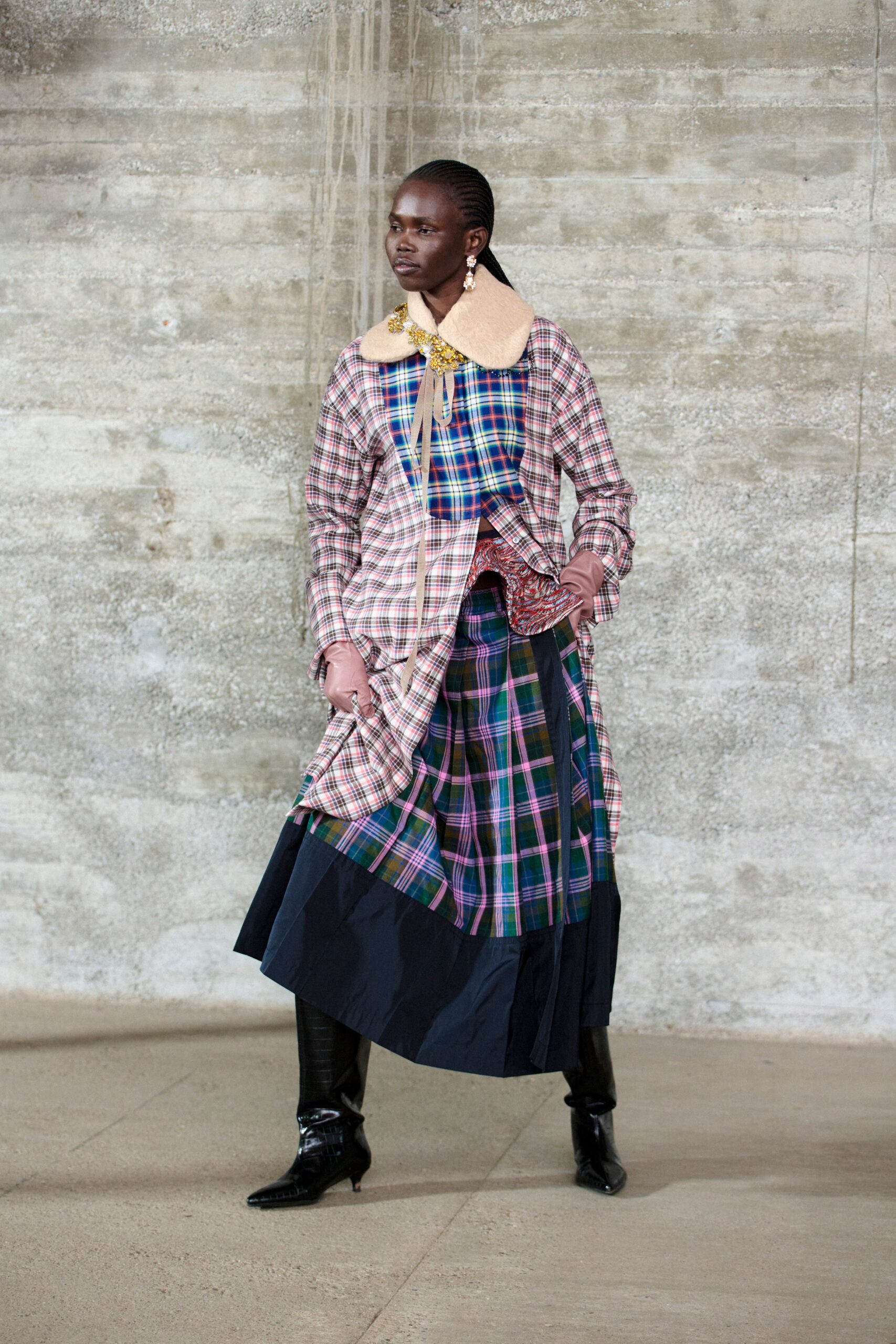 multi cotton long-sleeve collared fitted checked layered dress