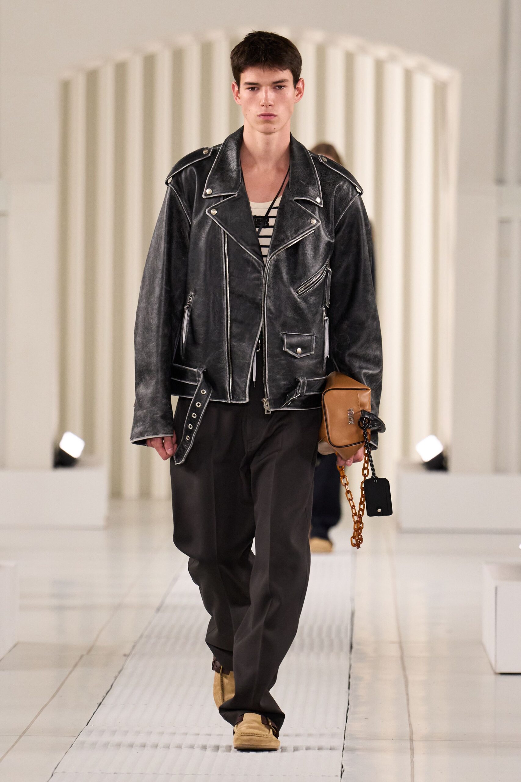black leather jacket with striped shirt