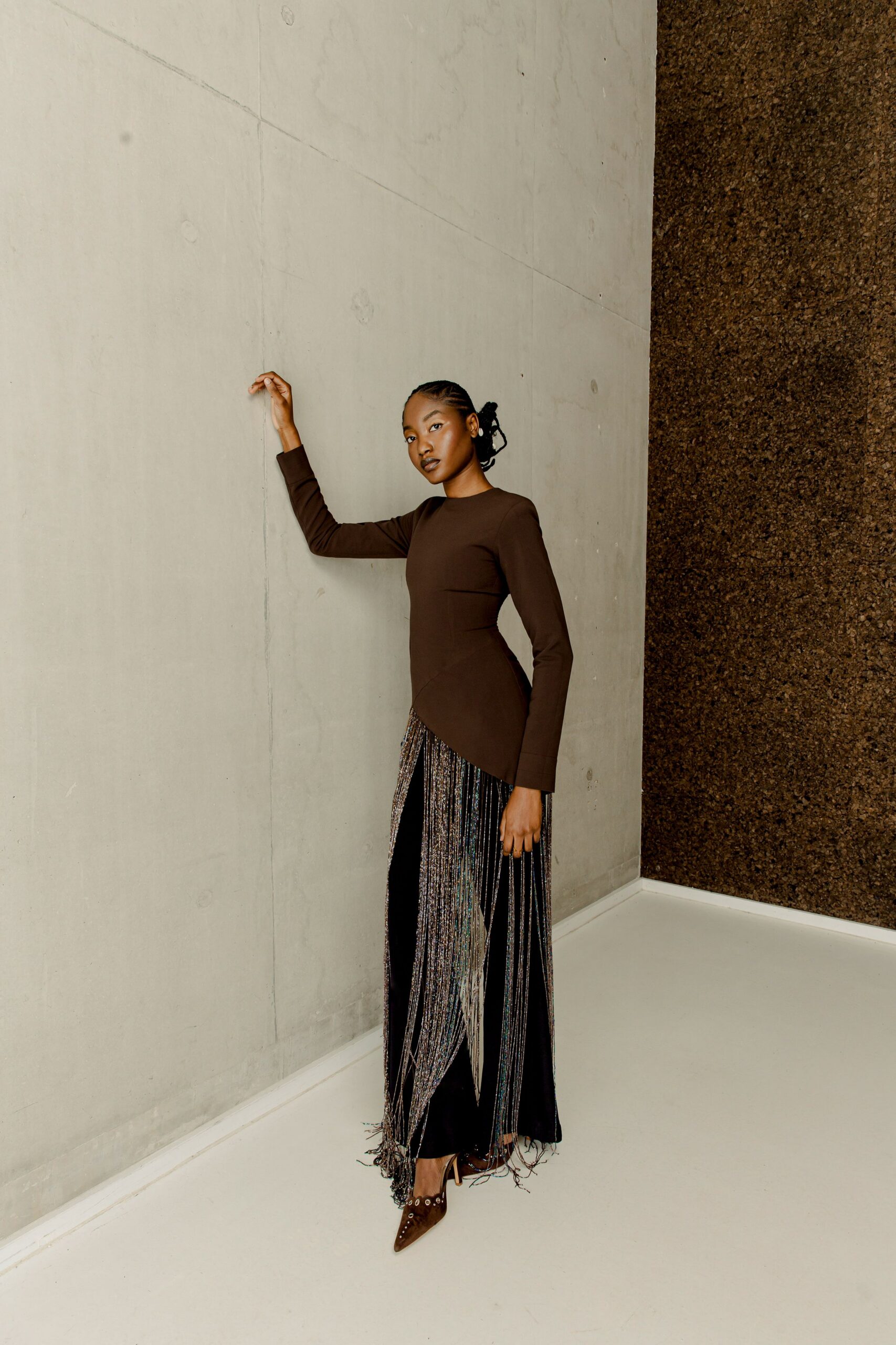 brown fitted maxi dress with fringe