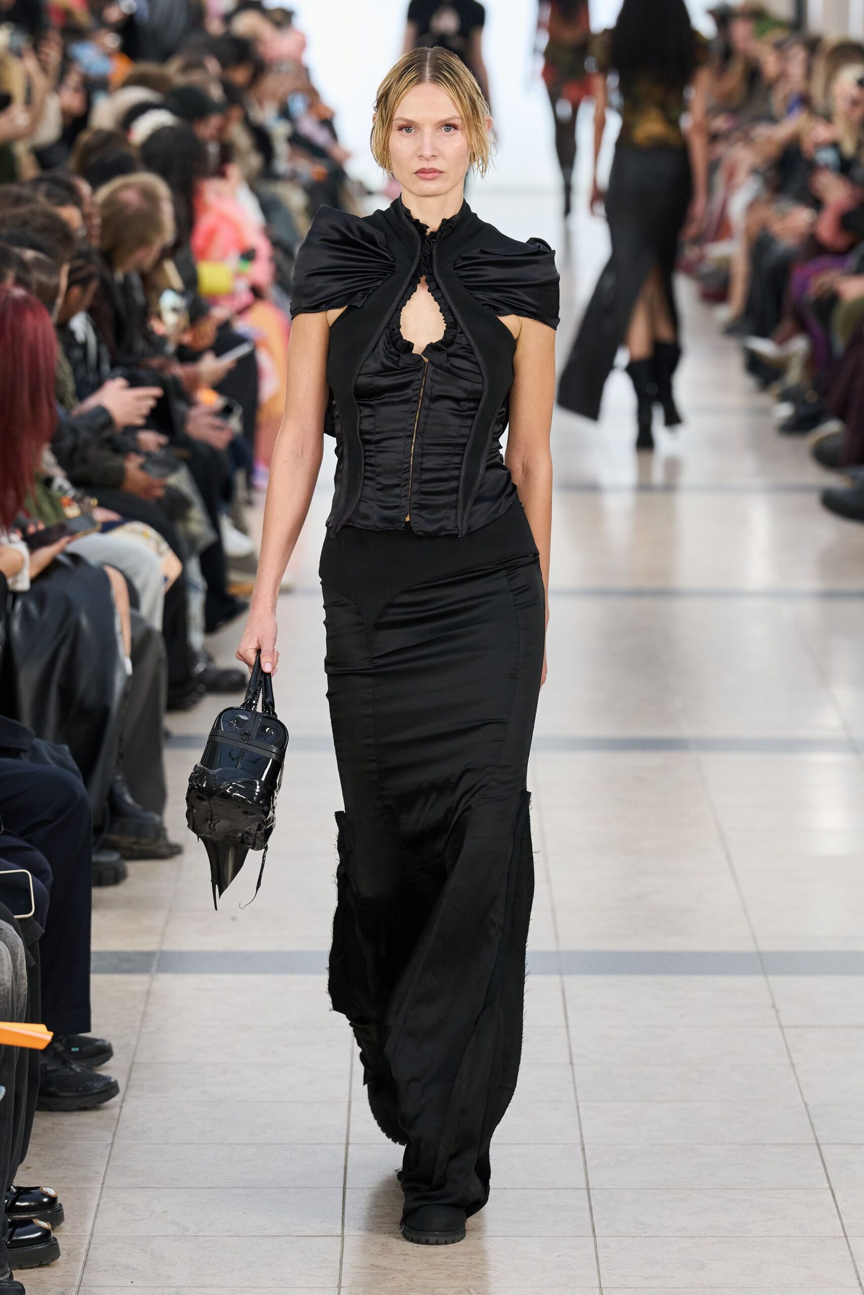 black silk fitted gown with bag