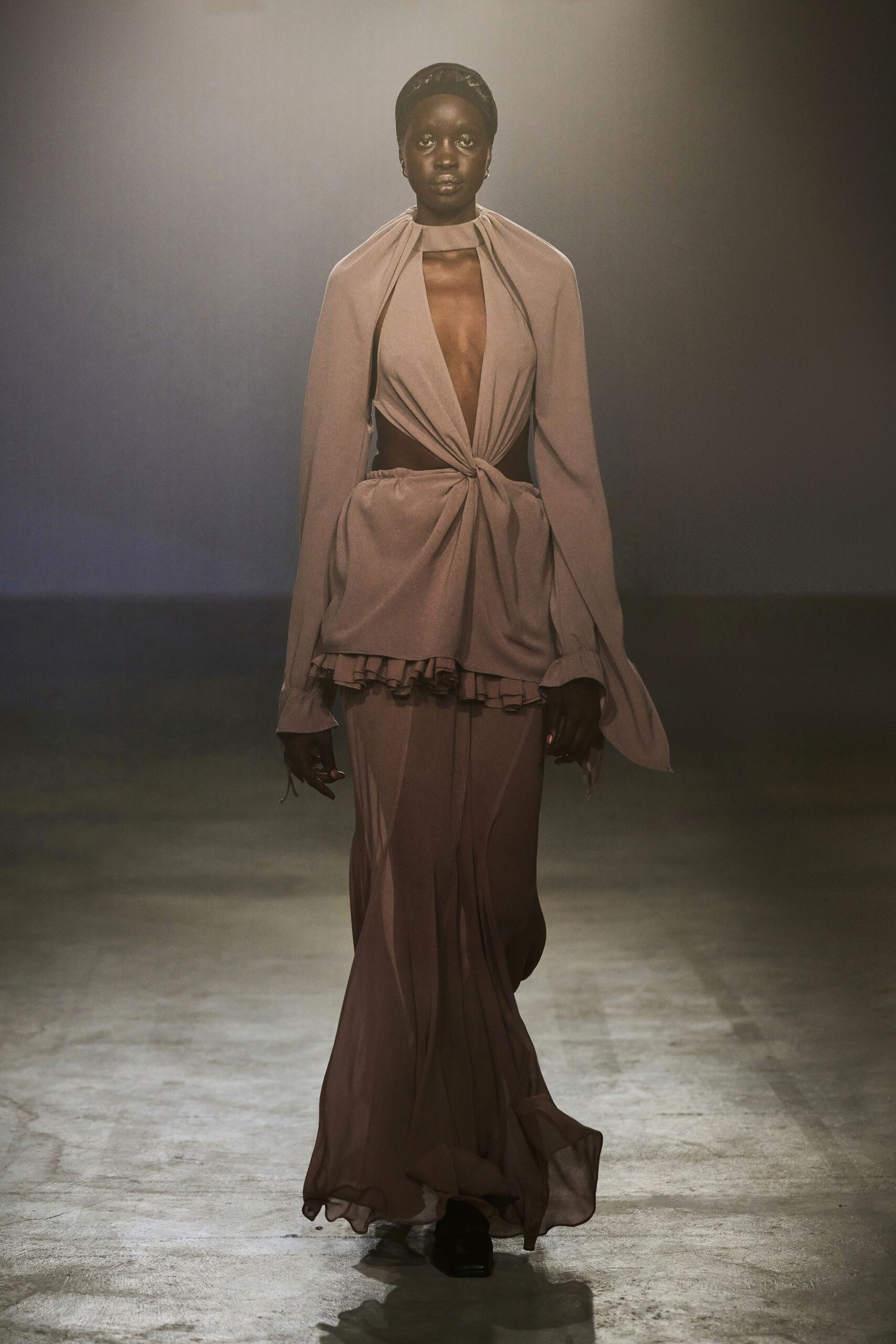 beige silk fitted gown