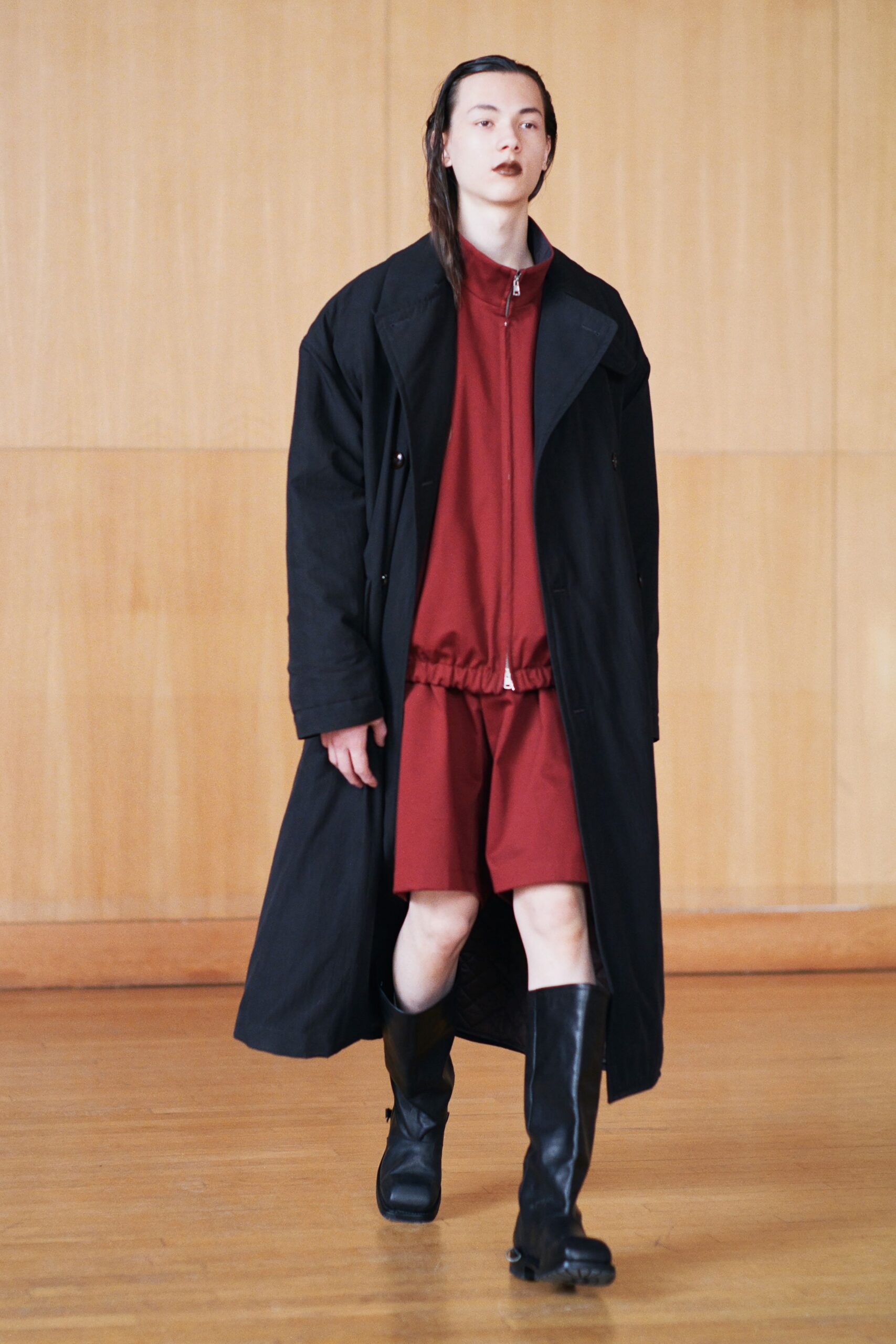 black coat red dress black boots