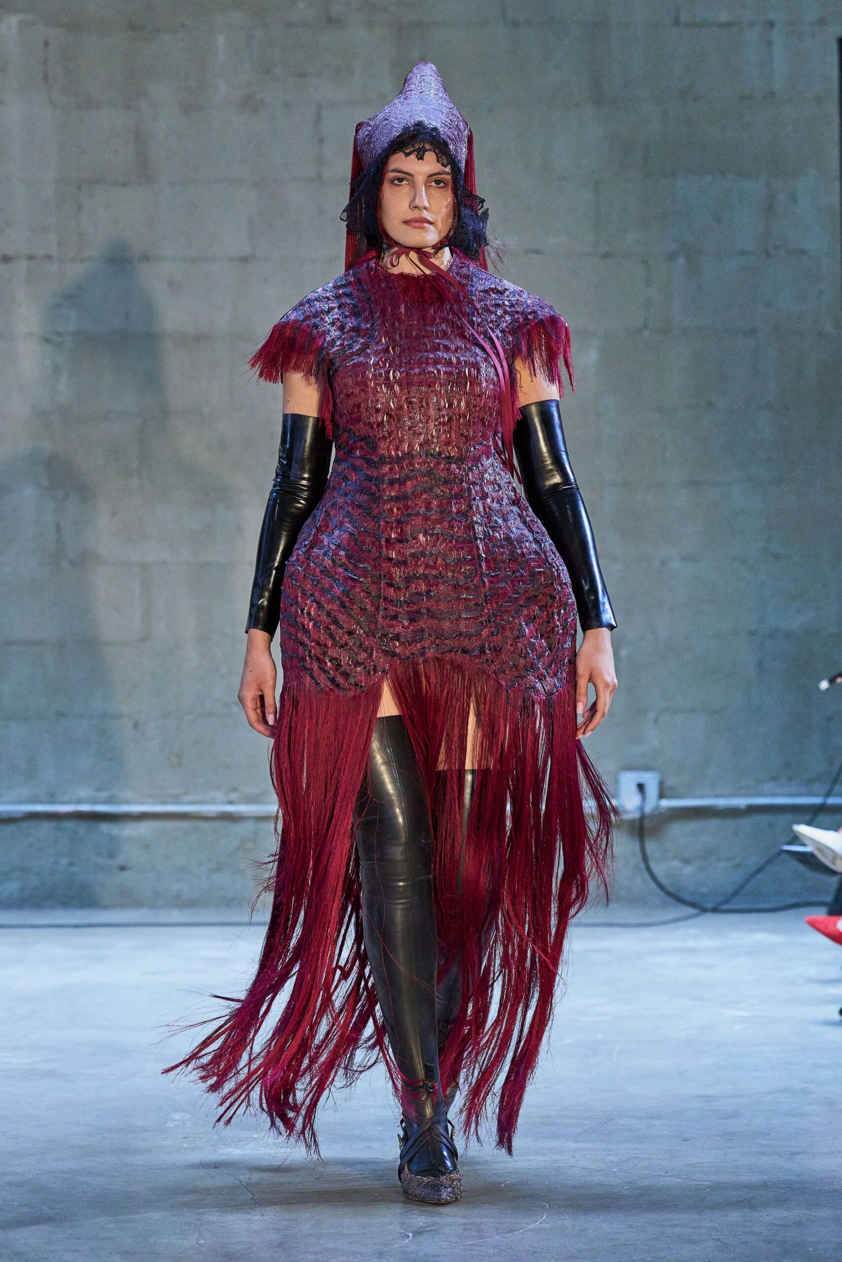 red silk sleeveless high-neck fitted fringed layered dress