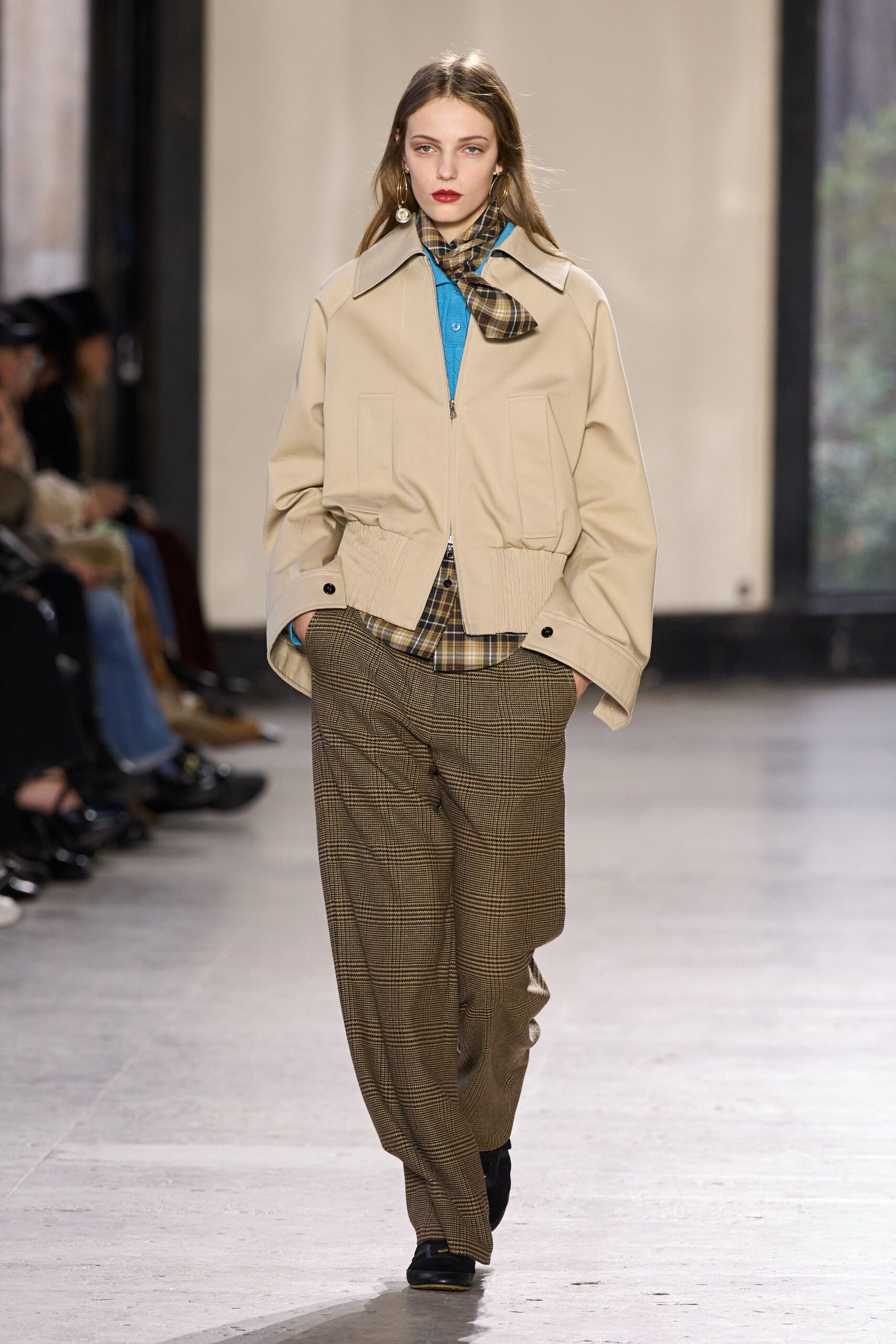 beige jacket with blue shirt