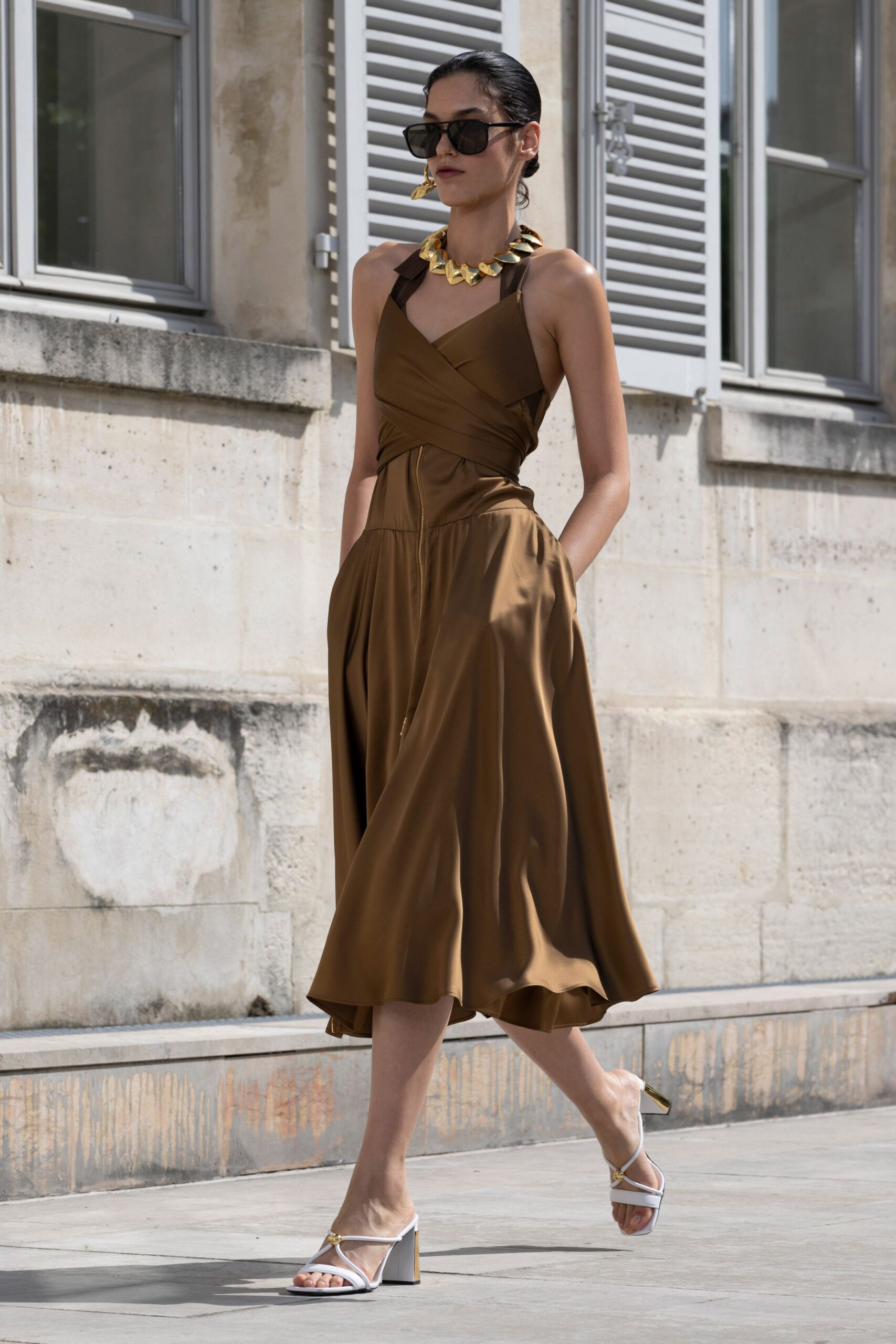 brown silk sleeveless v-neck fitted draped pleated dress