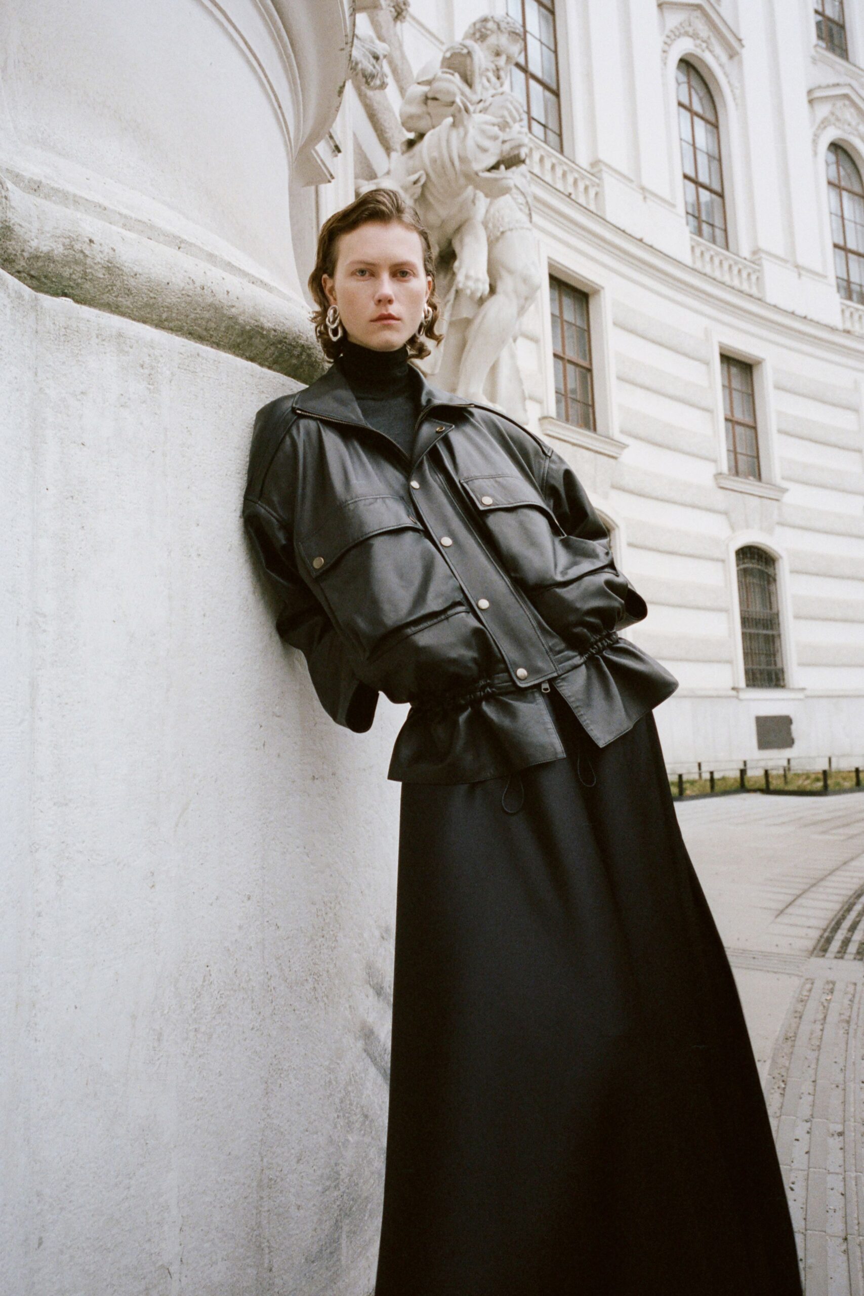 black leather jacket and dress