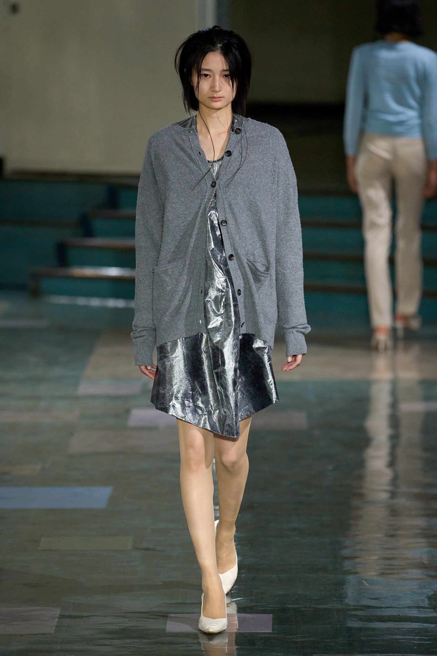 gray metallic sleeveless v-neck fitted shiny mini dress