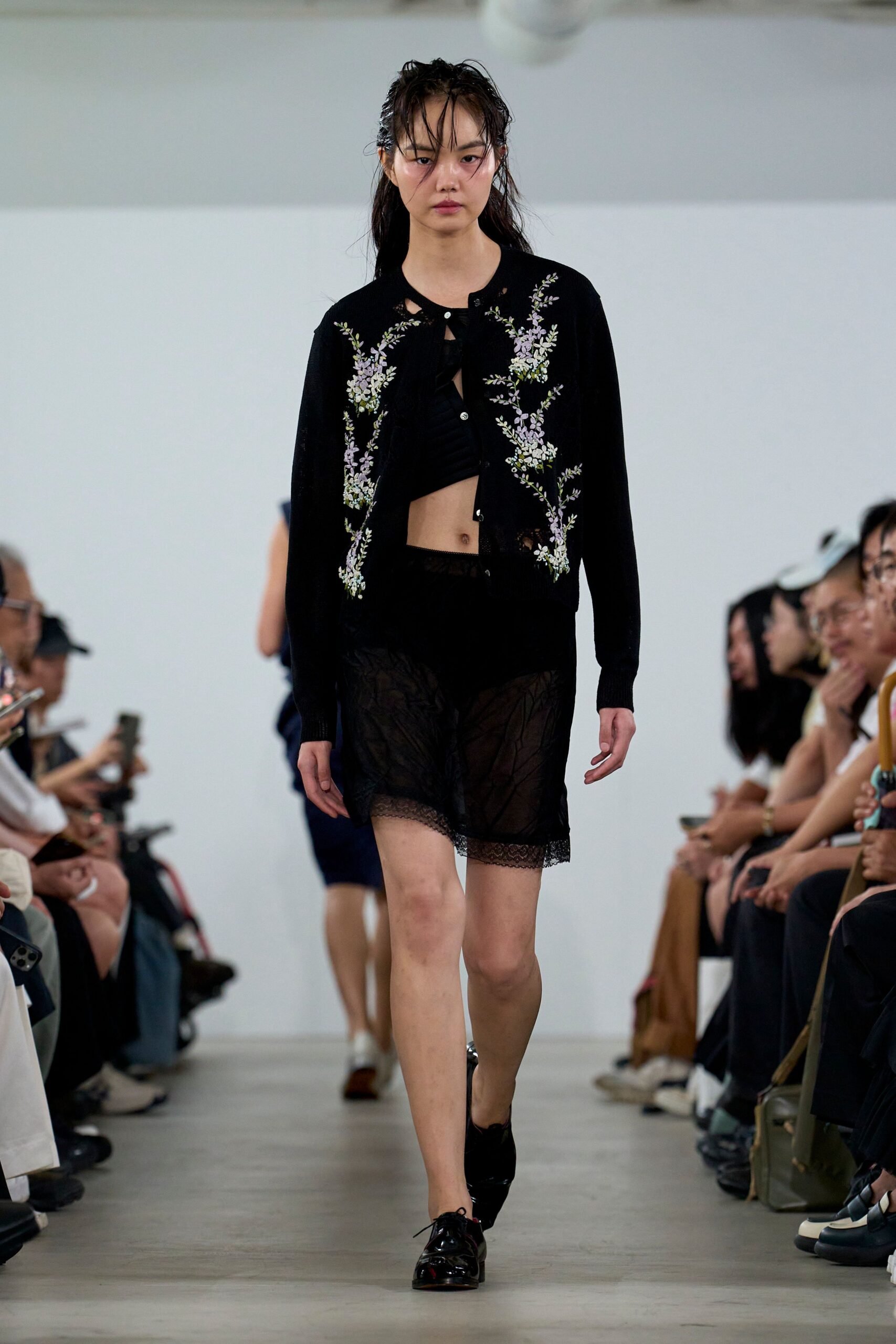 black cotton long-sleeve collared fitted embroidered cardigan