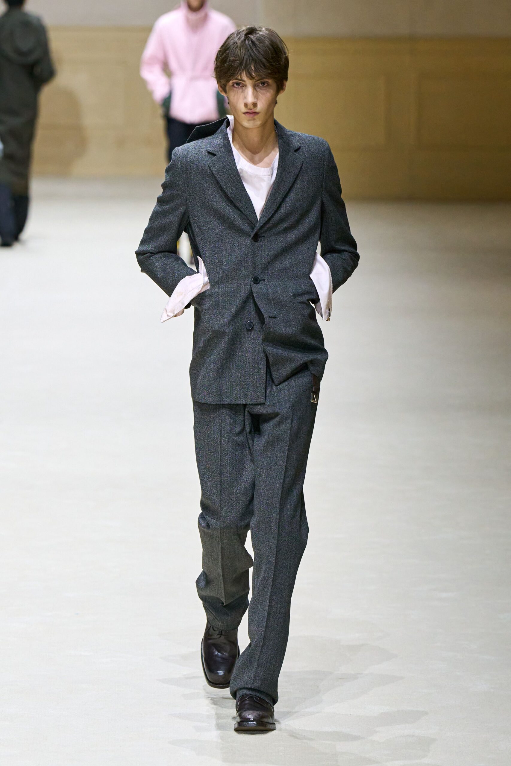 gray tailored suit with white shirt