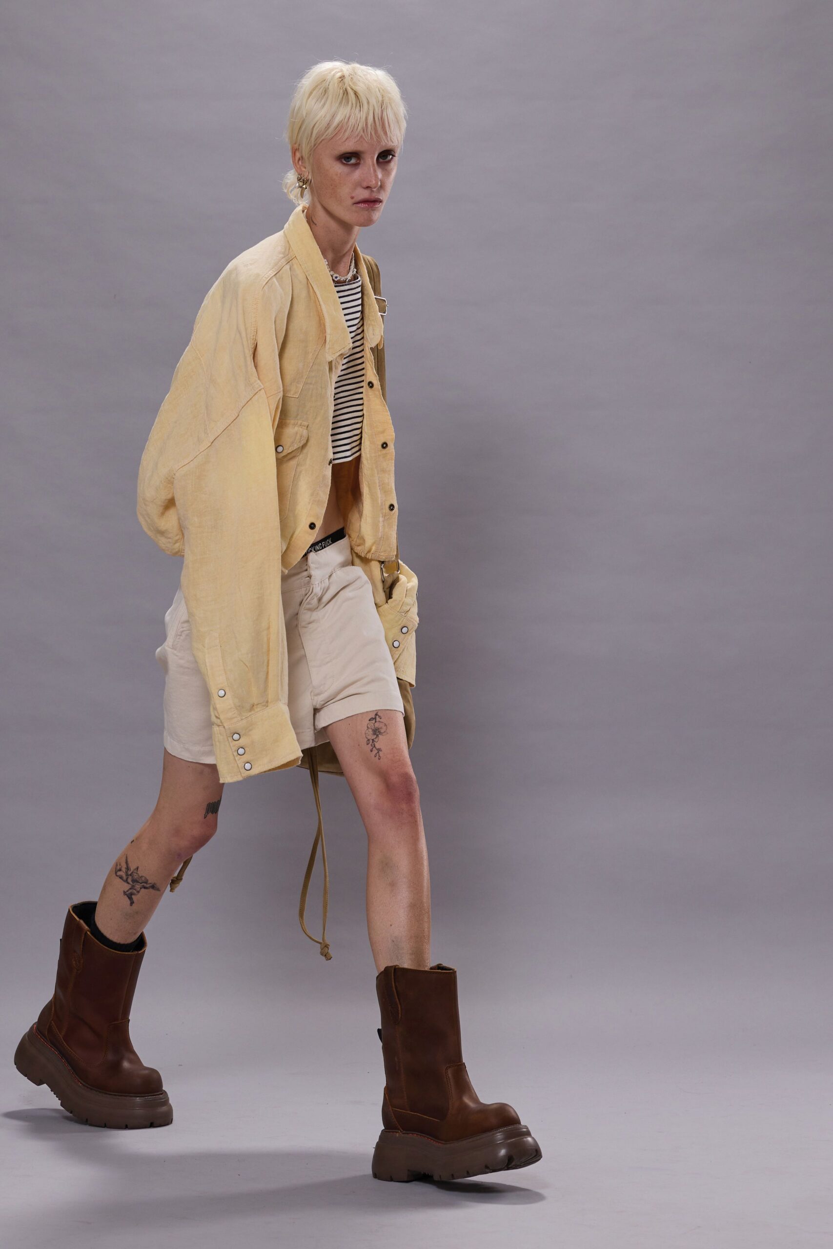 yellow cotton long-sleeve collared oversized jacket