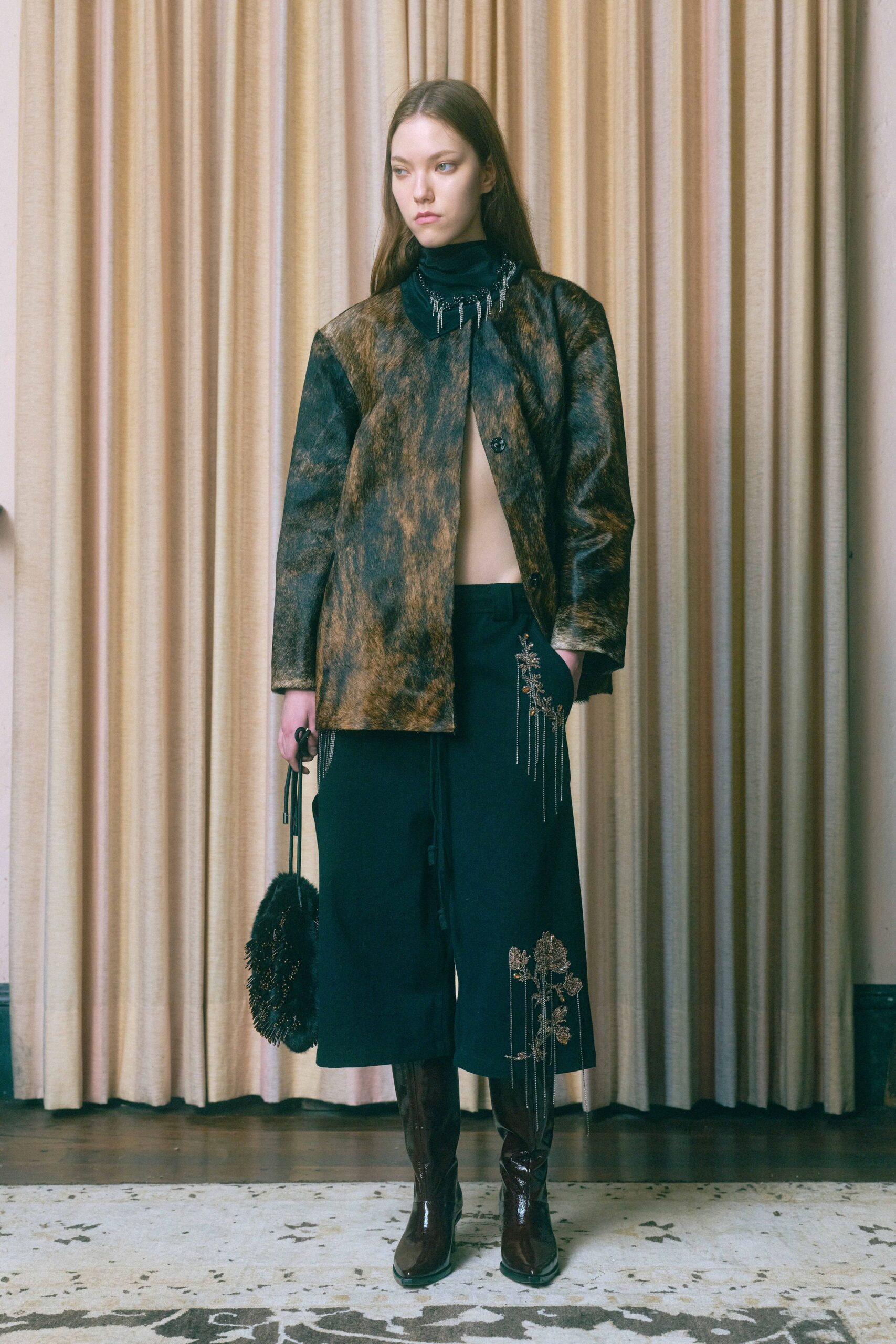 brown cotton long-sleeve collared relaxed printed jacket