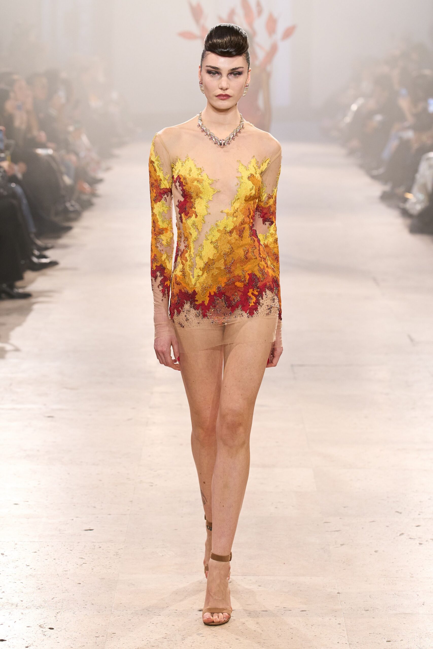 orange silk long-sleeve high-neck fitted embroidered dress