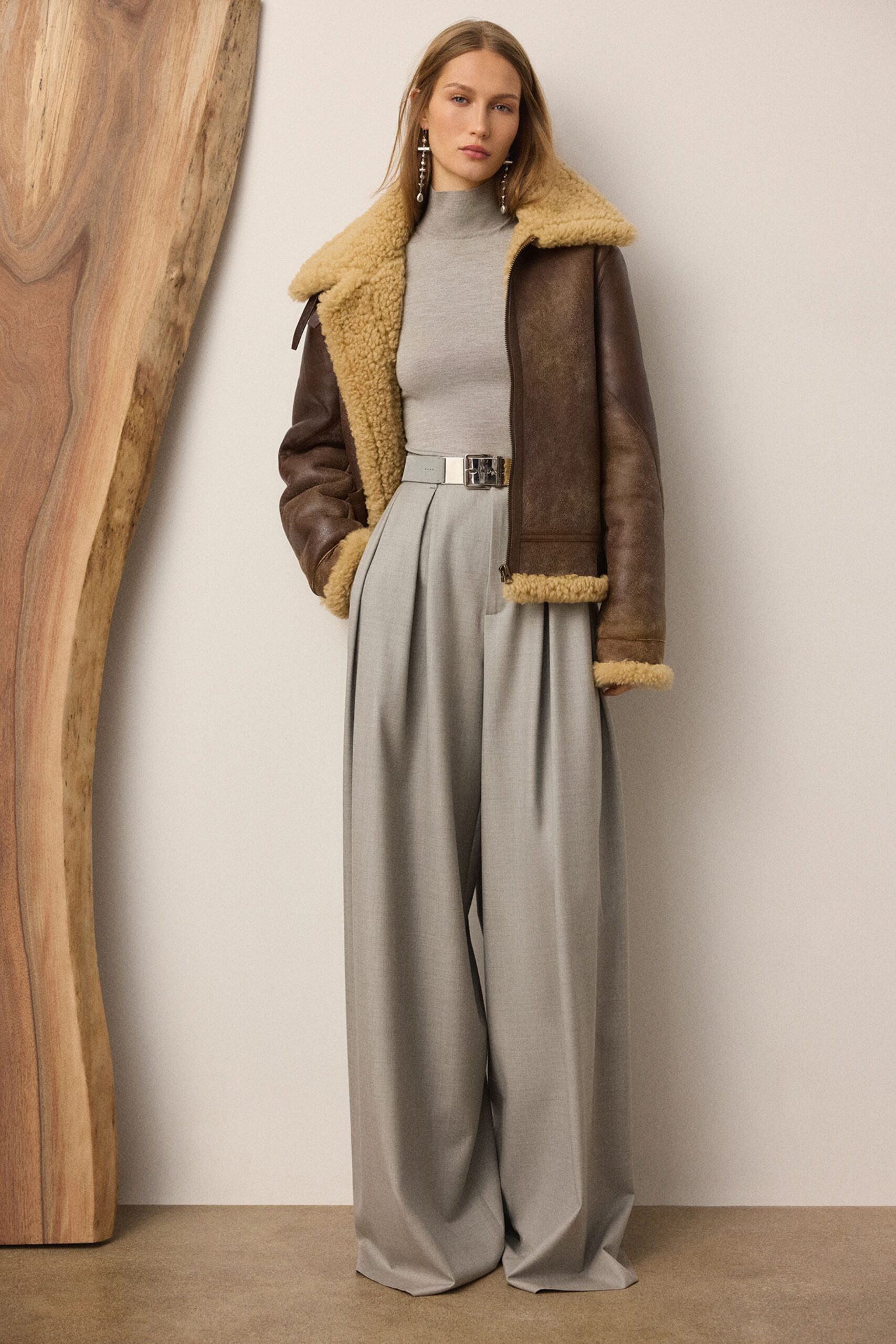 brown leather long-sleeve collared relaxed jacket