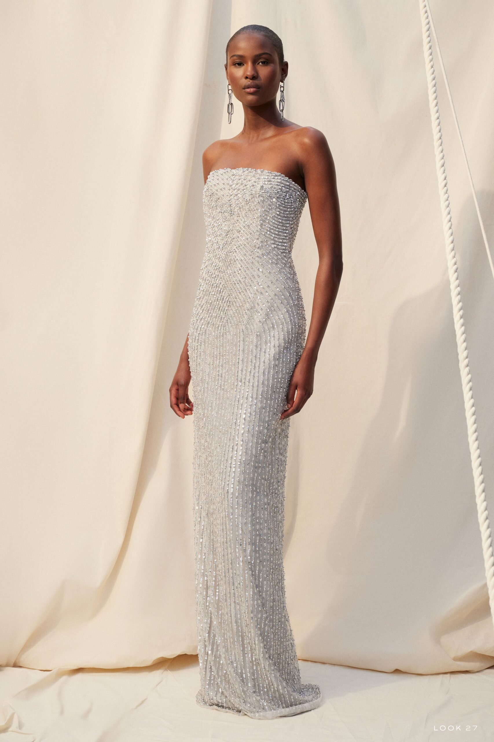 silver beaded strapless gown