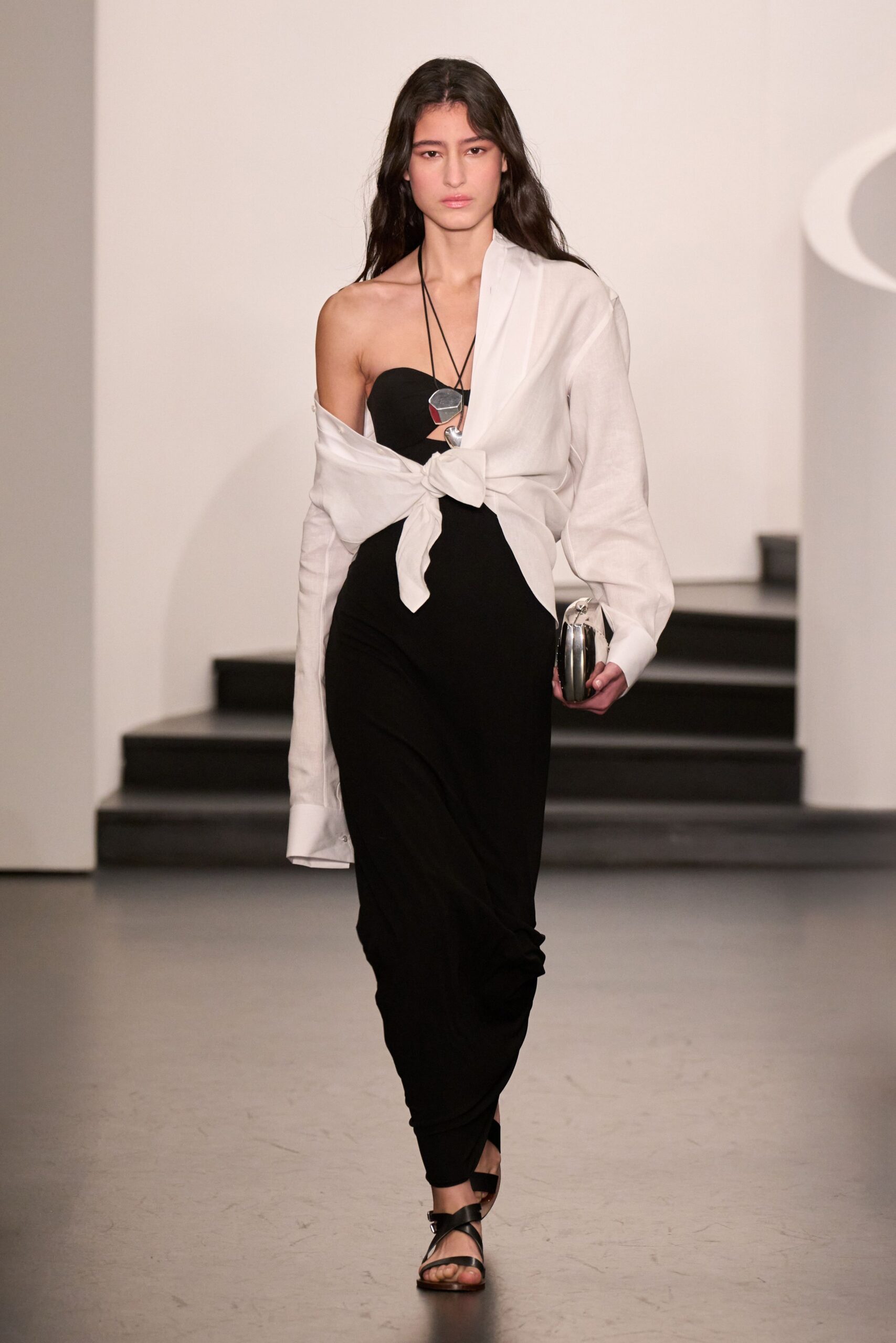 black fitted midi dress with white shirt