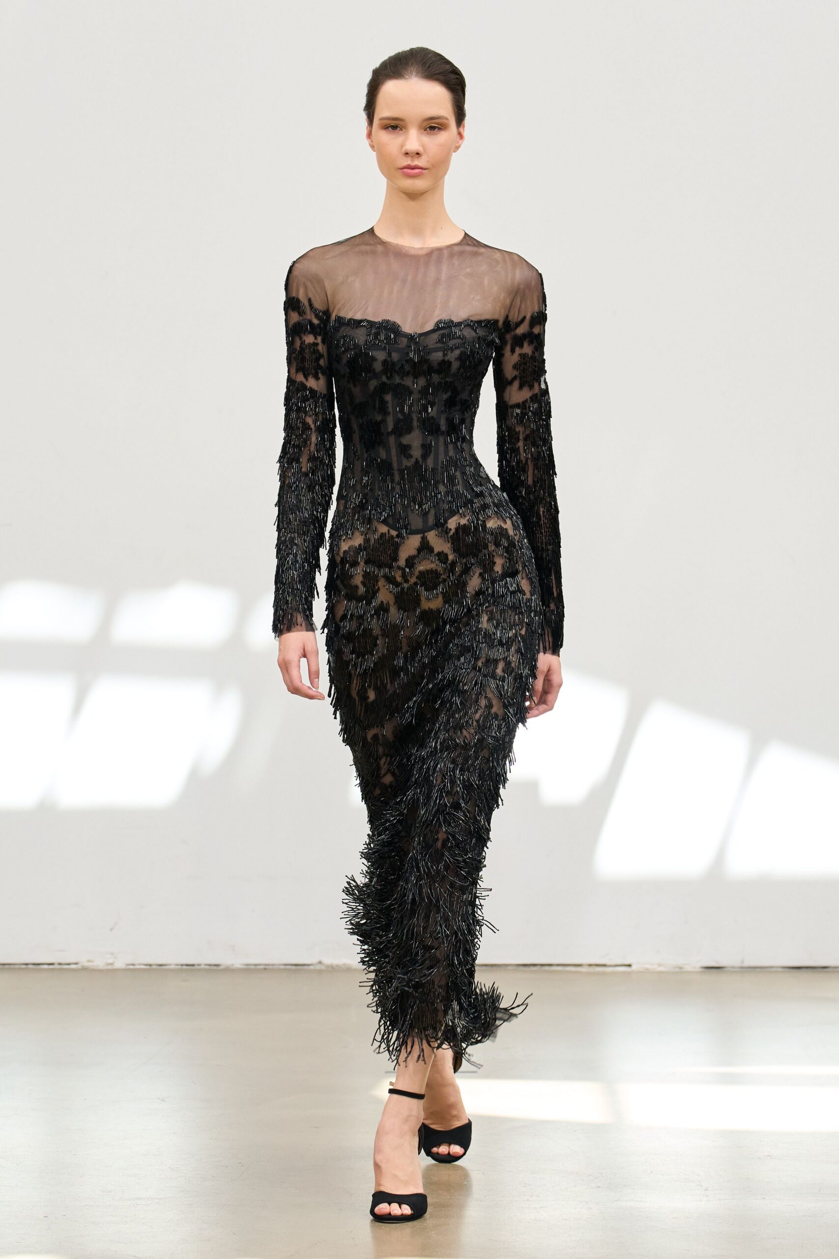 black lace fitted gown with fringes