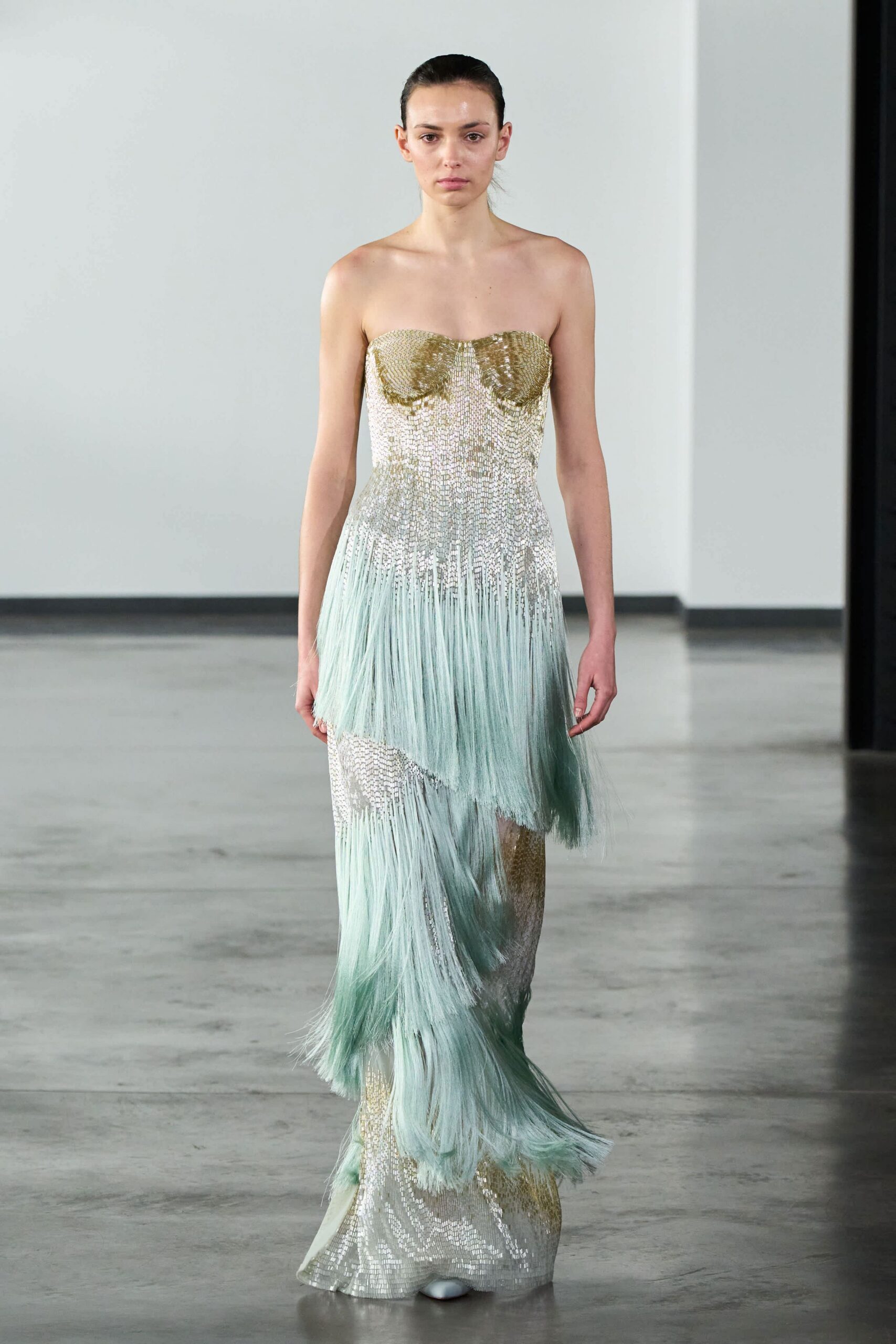 green gold sequined strapless gown