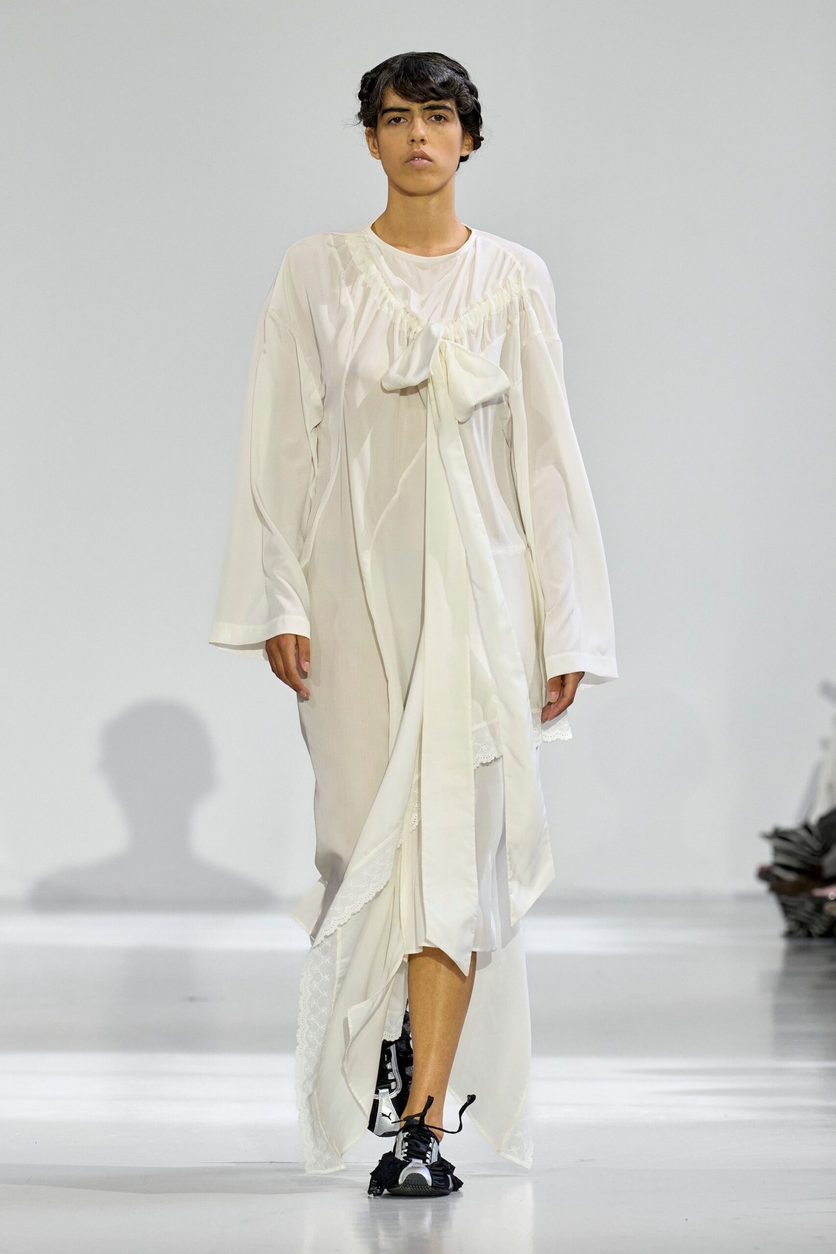 white silk long-sleeve v-neck relaxed draped layered dress