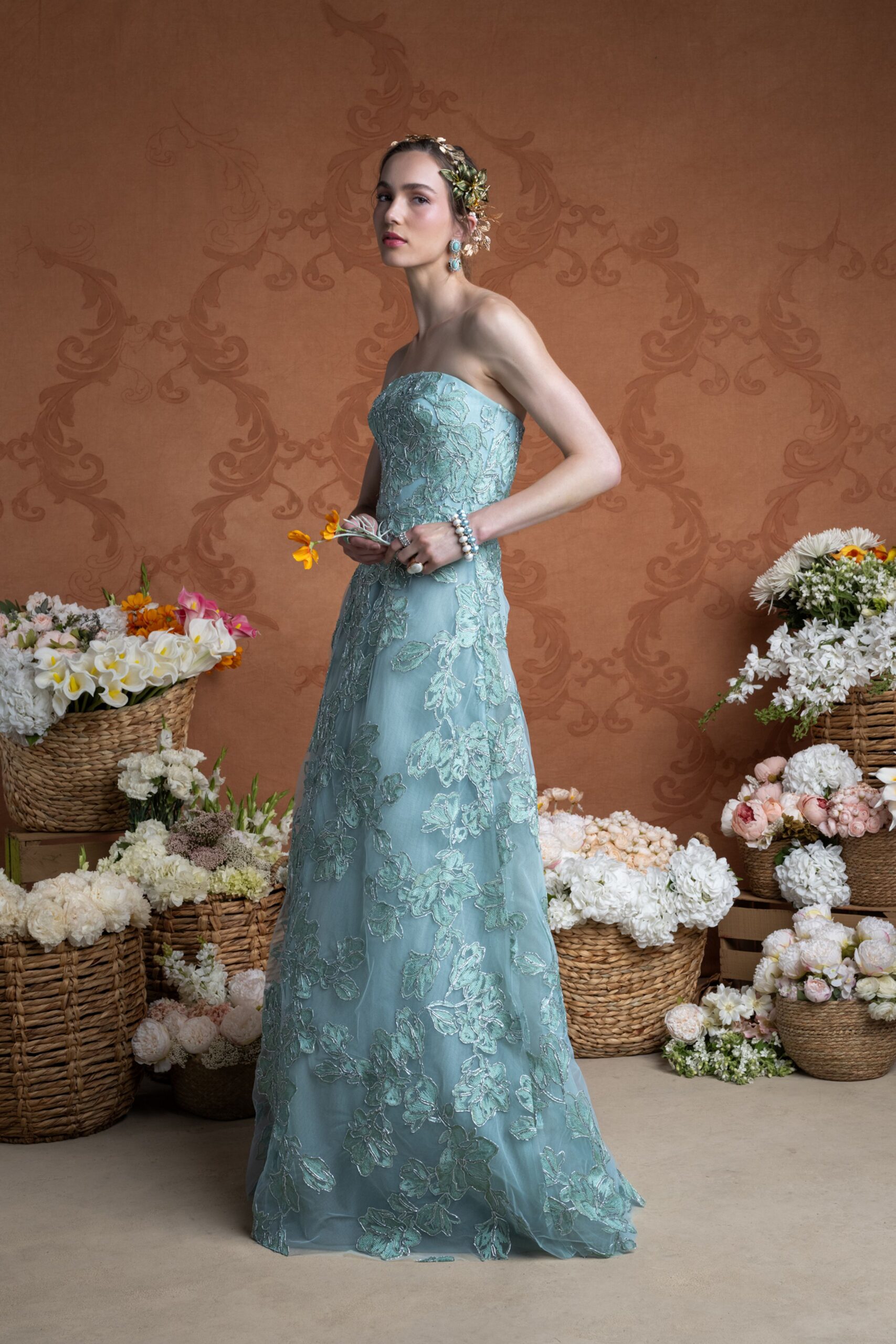 blue lace strapless gown