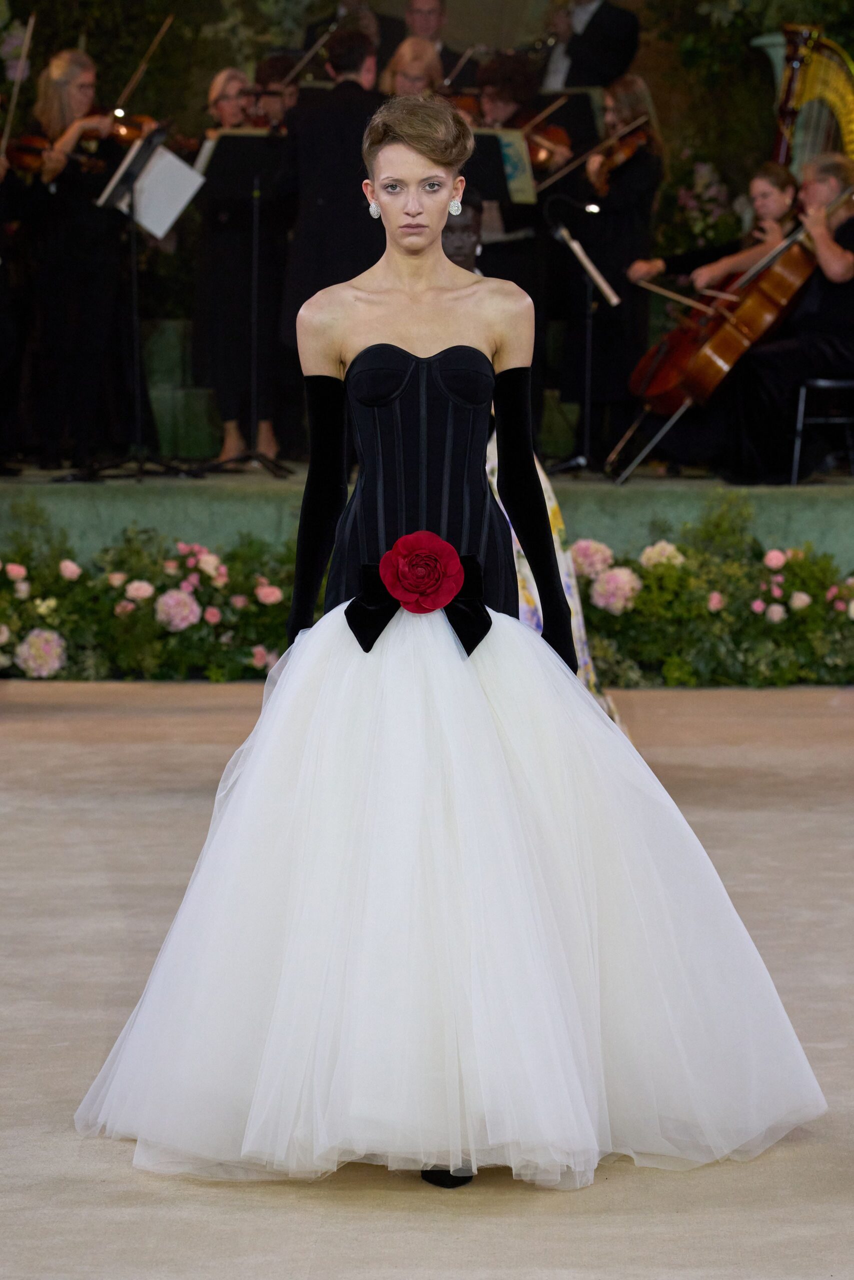 black and white strapless gown