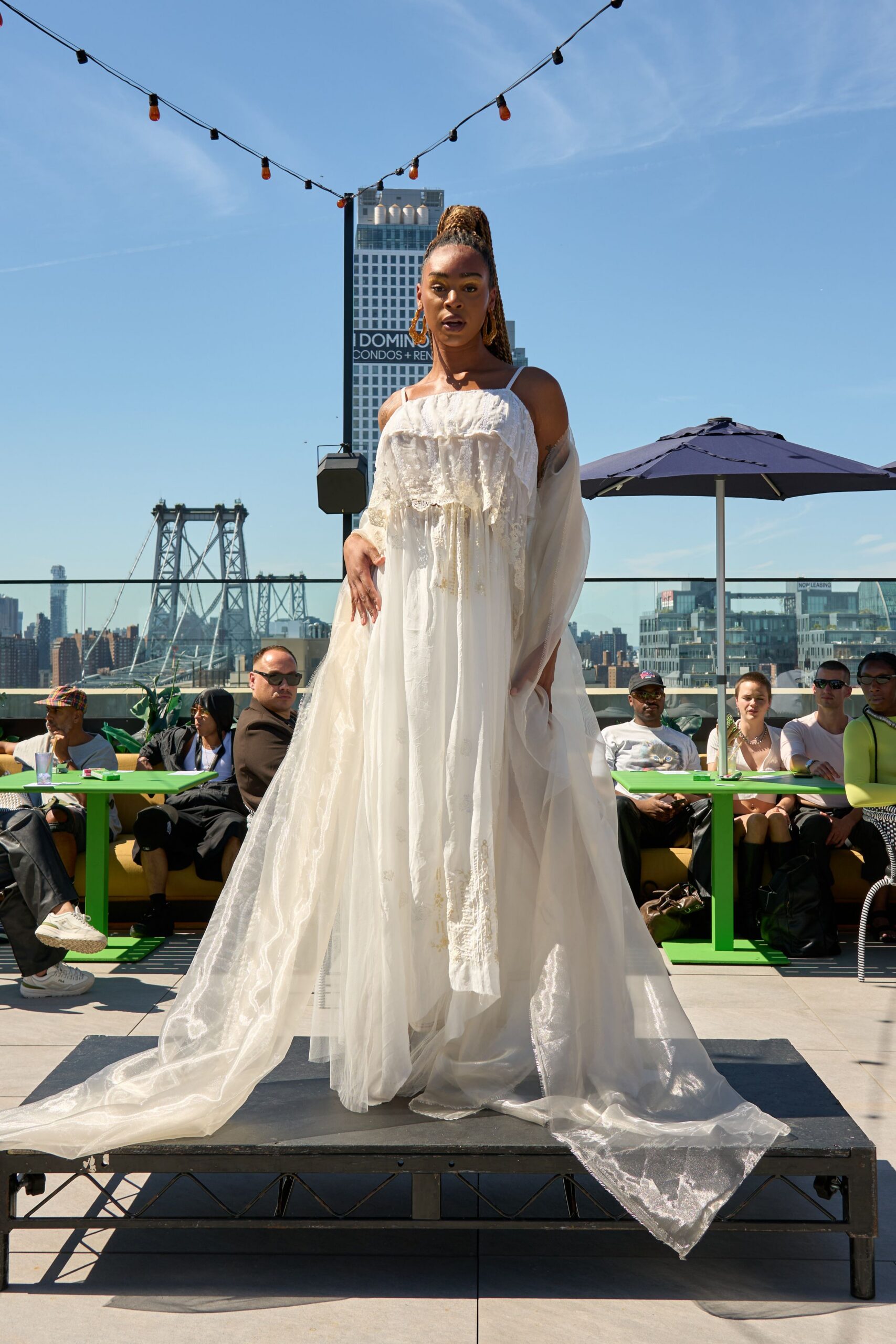 white silk off-shoulder gown