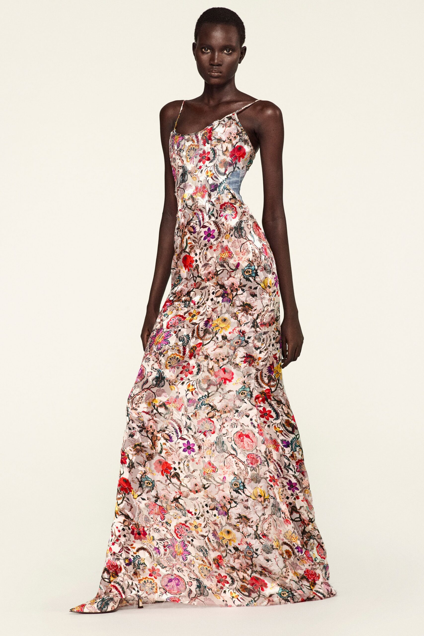 floral silk sleeveless gown