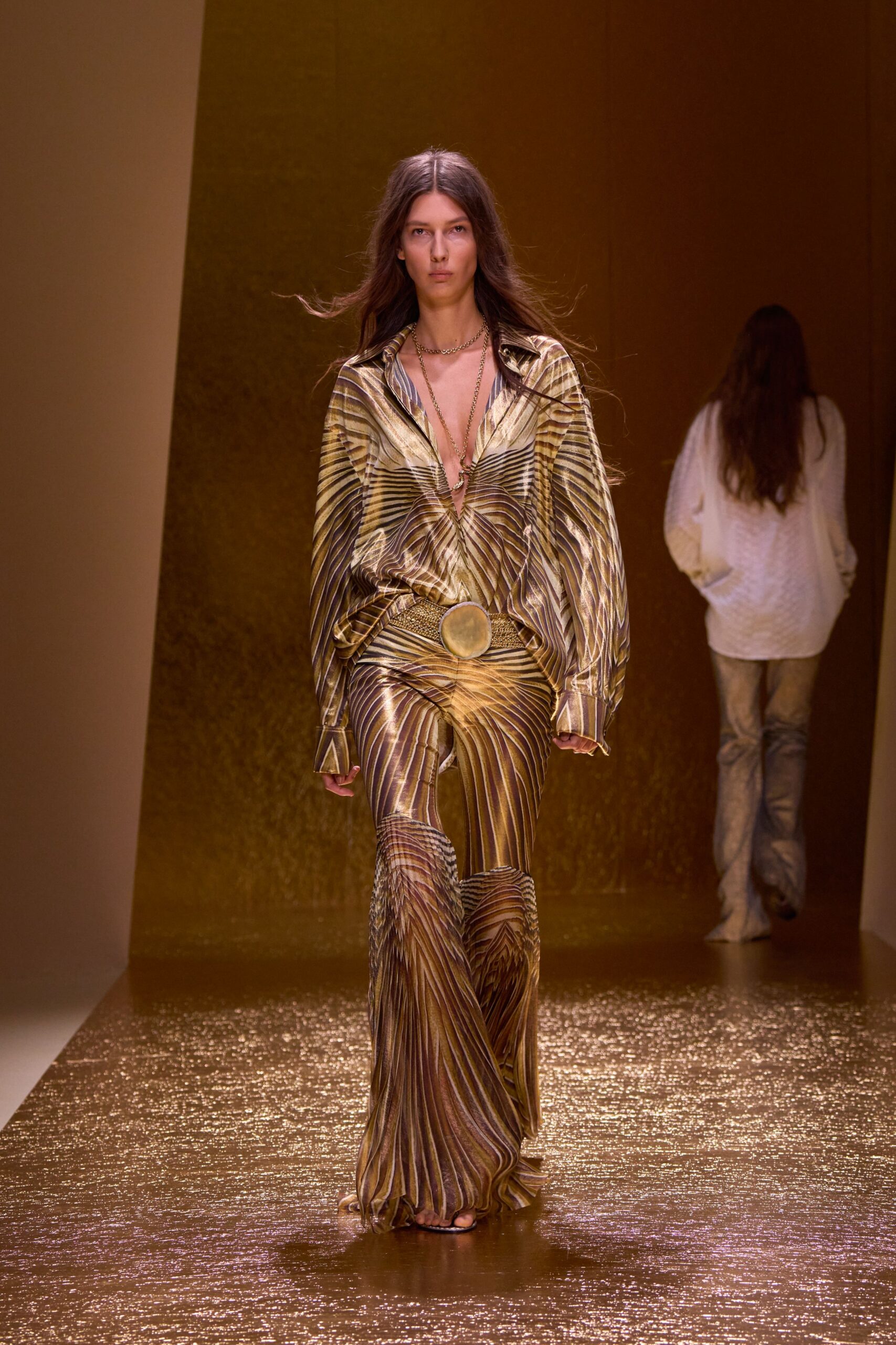 gold silk fitted pleated flared shiny pants