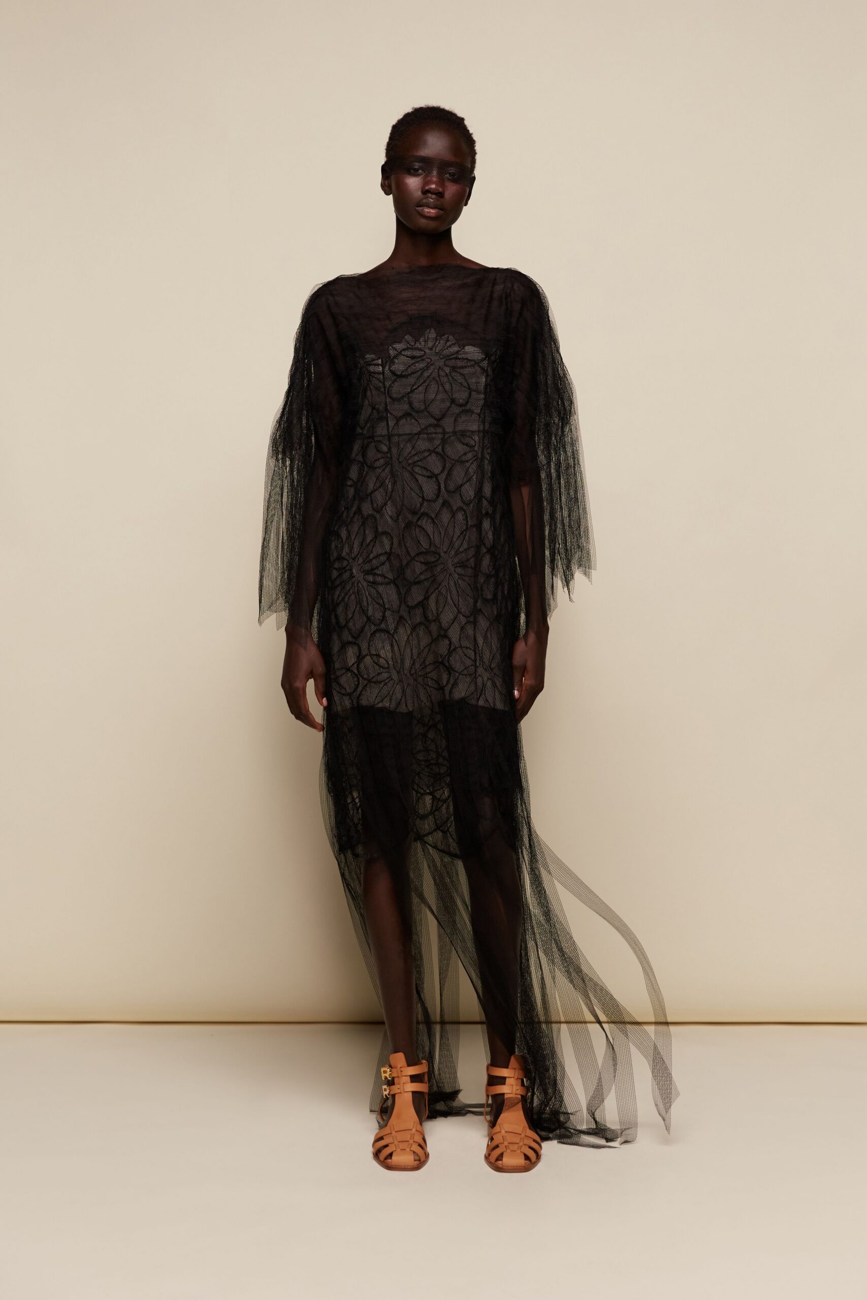 black lace long-sleeve high-neck fitted embroidered layered dress