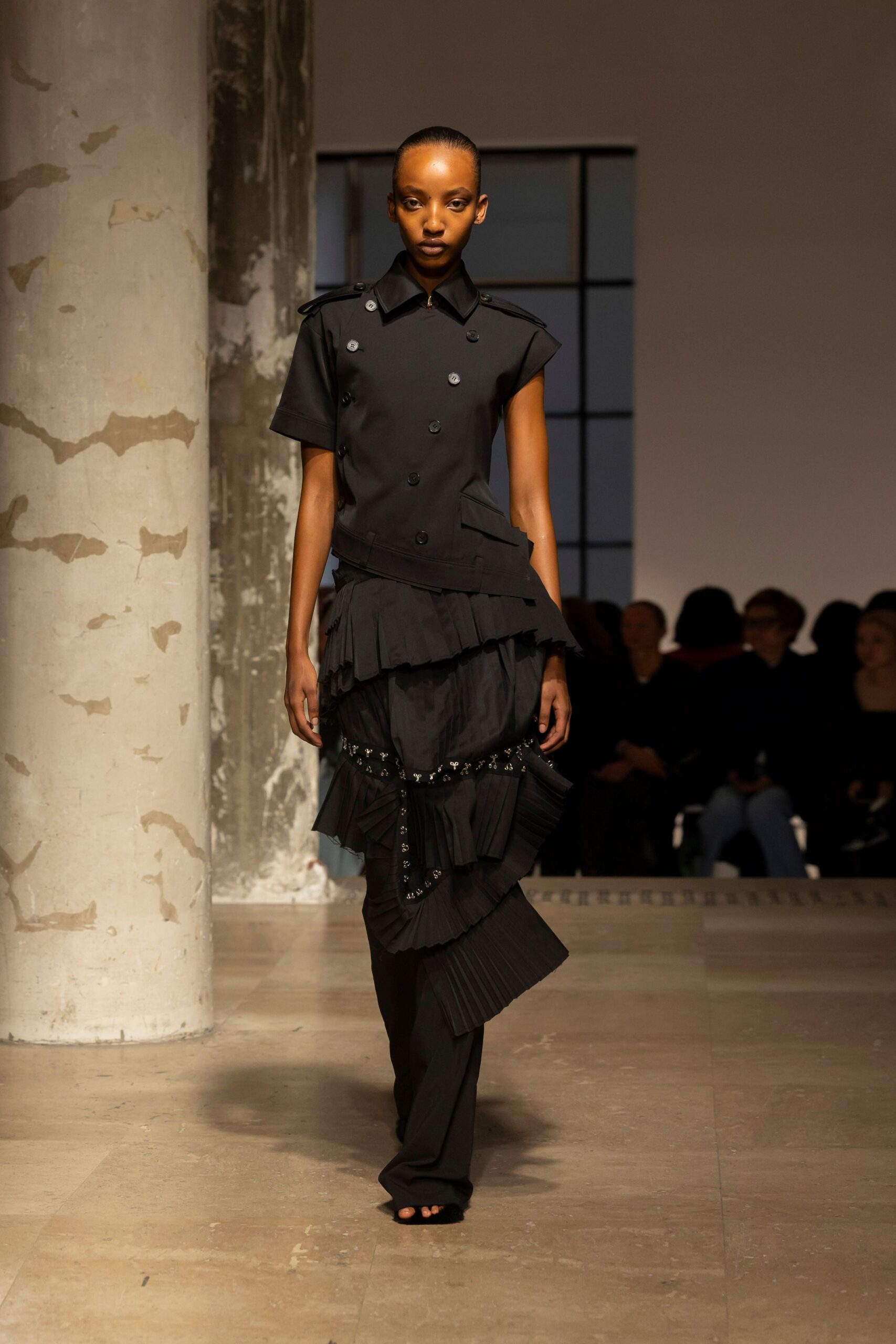 black cotton short-sleeve collared fitted pleated layered dress