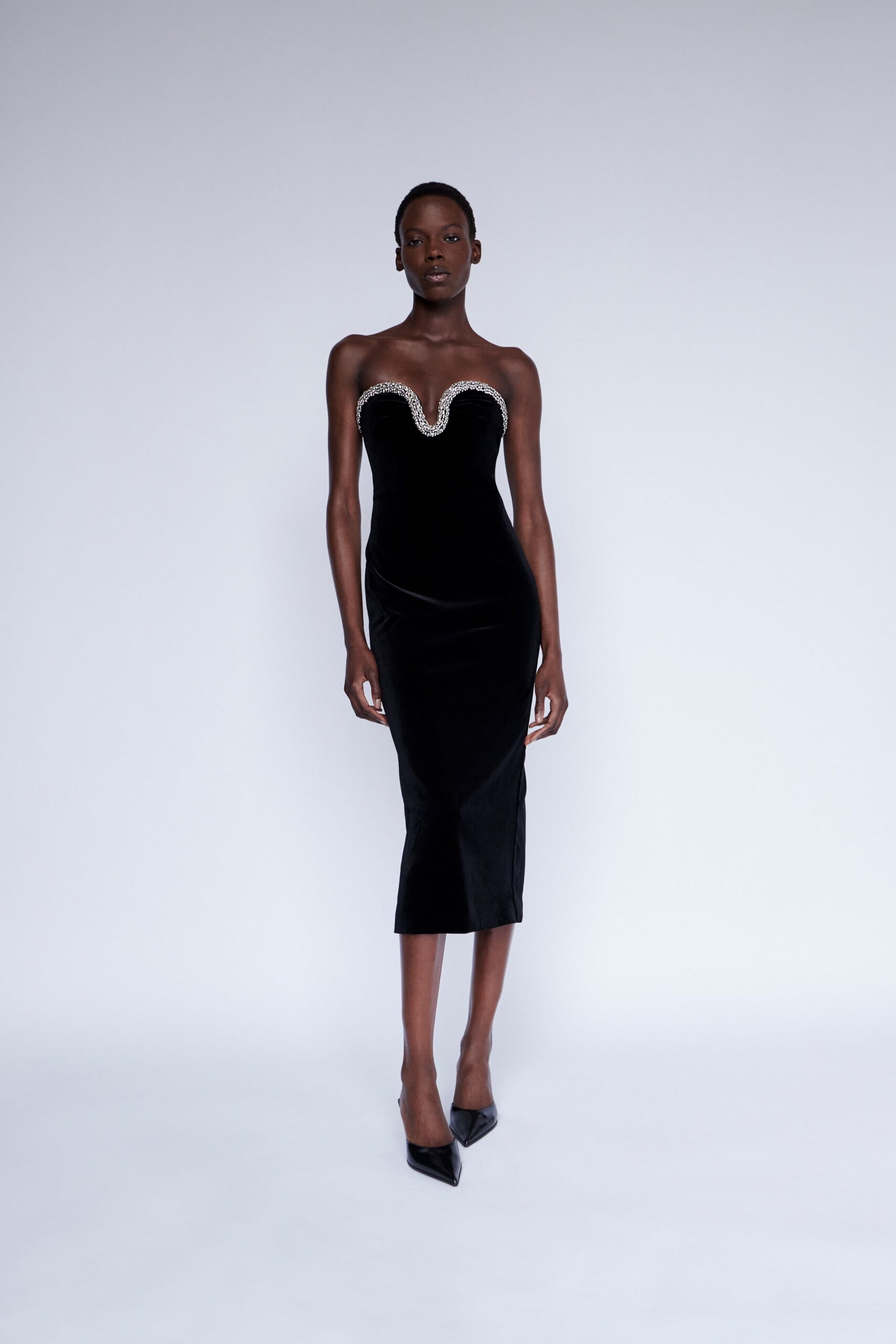 black velvet strapless gown
