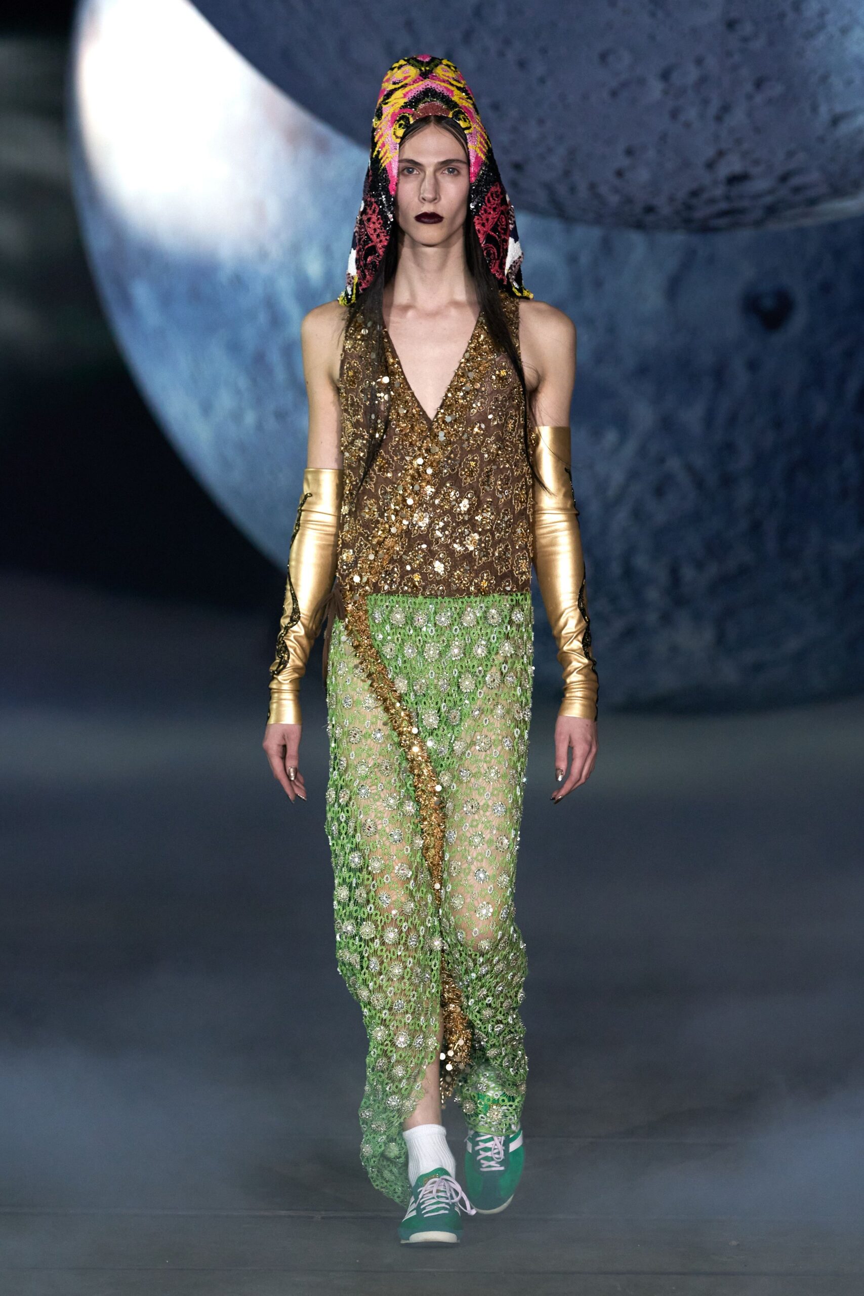gold silk sleeveless v-neck fitted embroidered draped top