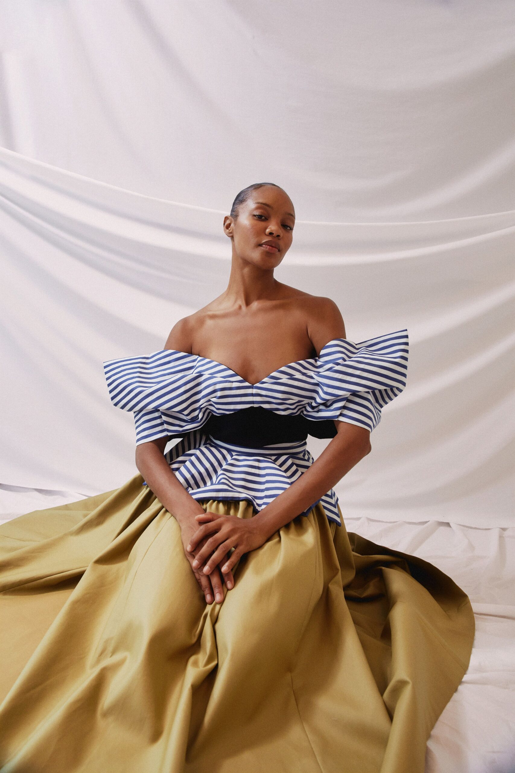 blue cotton sleeveless off-shoulder fitted striped ruffled top