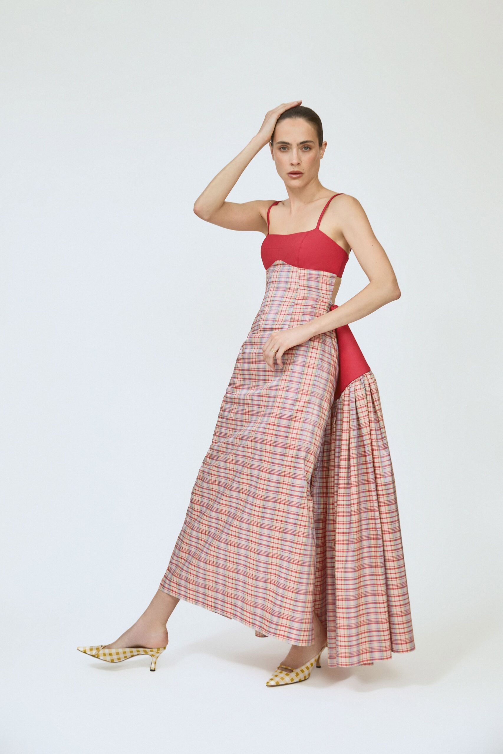 red multi-colored maxi gown with yellow shoes